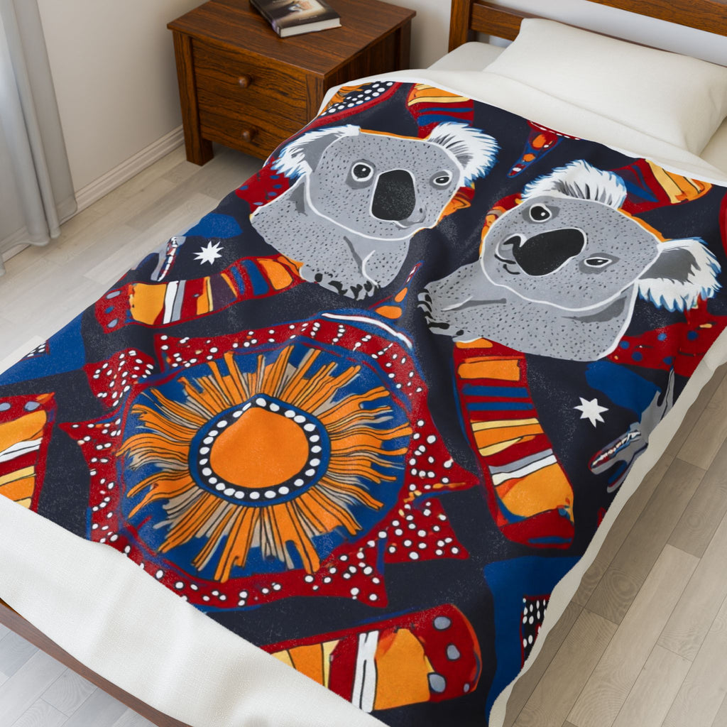 Koala & Sun Velveteen Plush Blanket — Australian Aboriginal Inspired Cozy Throw