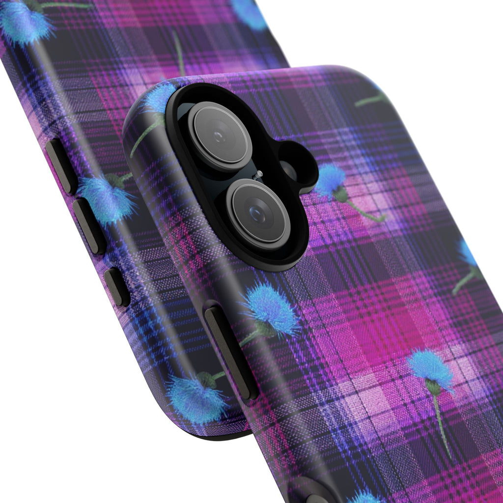 Purple Plaid Blue Thistle Tartan Phone Case — Floral Plaid Protective iPhone Cover