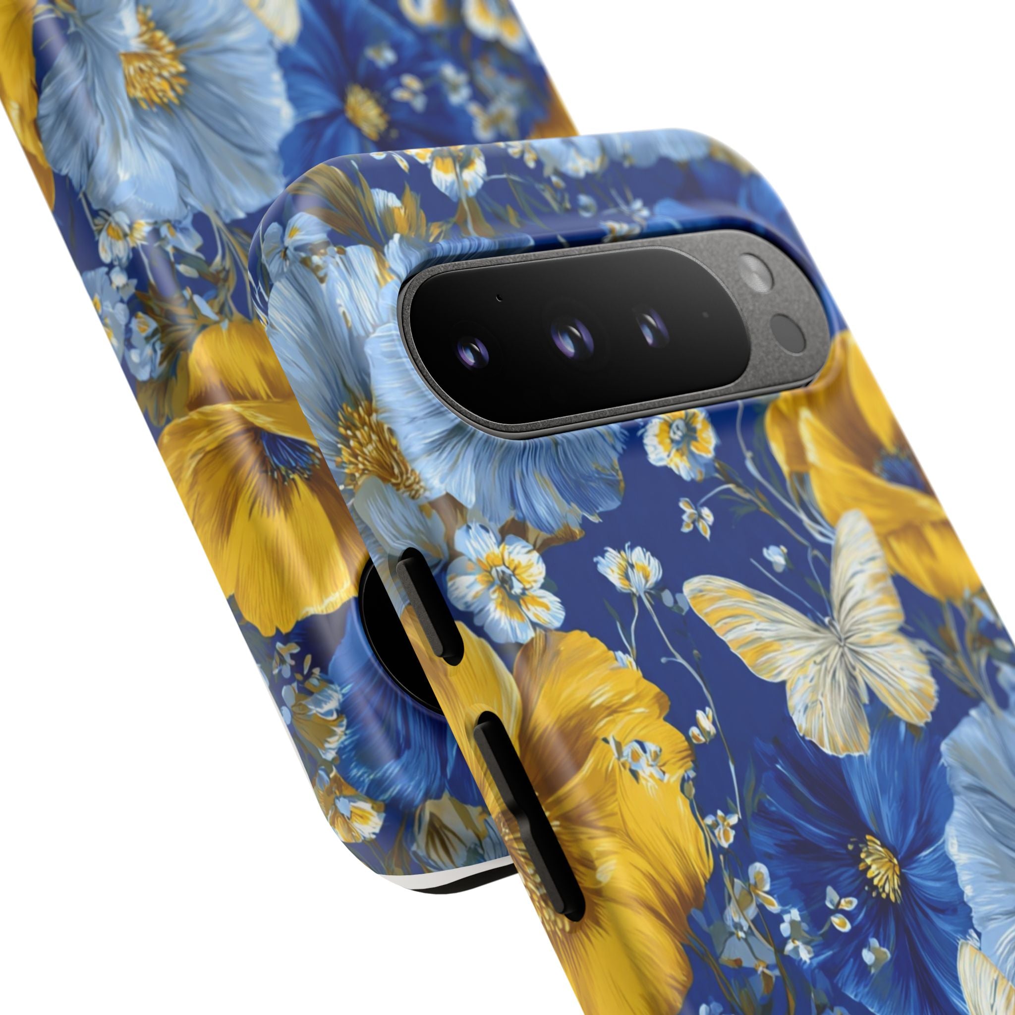 Floral Butterflies Phone Case — Blue & Yellow Tough Protective Cover