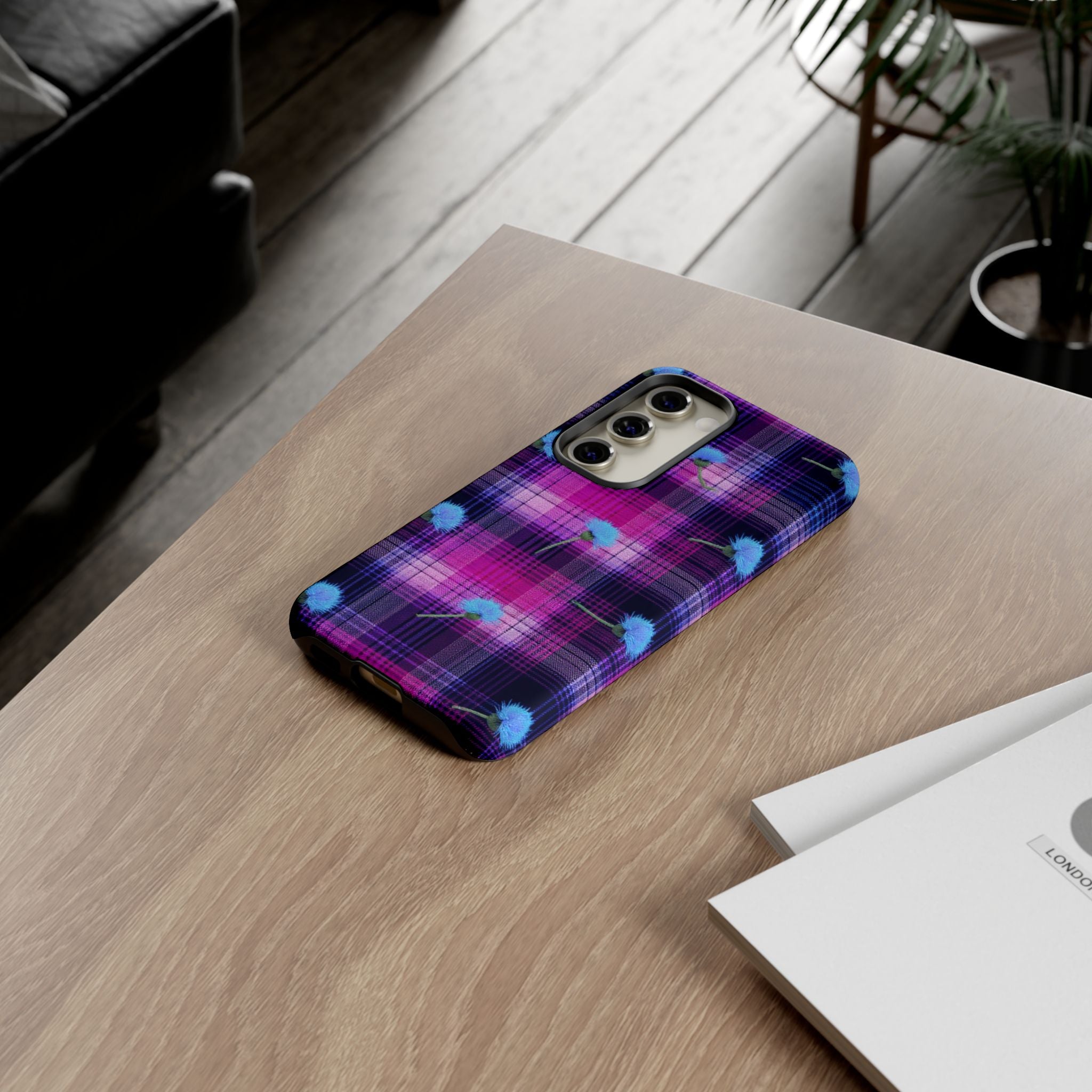 Purple Plaid Blue Thistle Tartan Phone Case — Floral Plaid Protective iPhone Cover