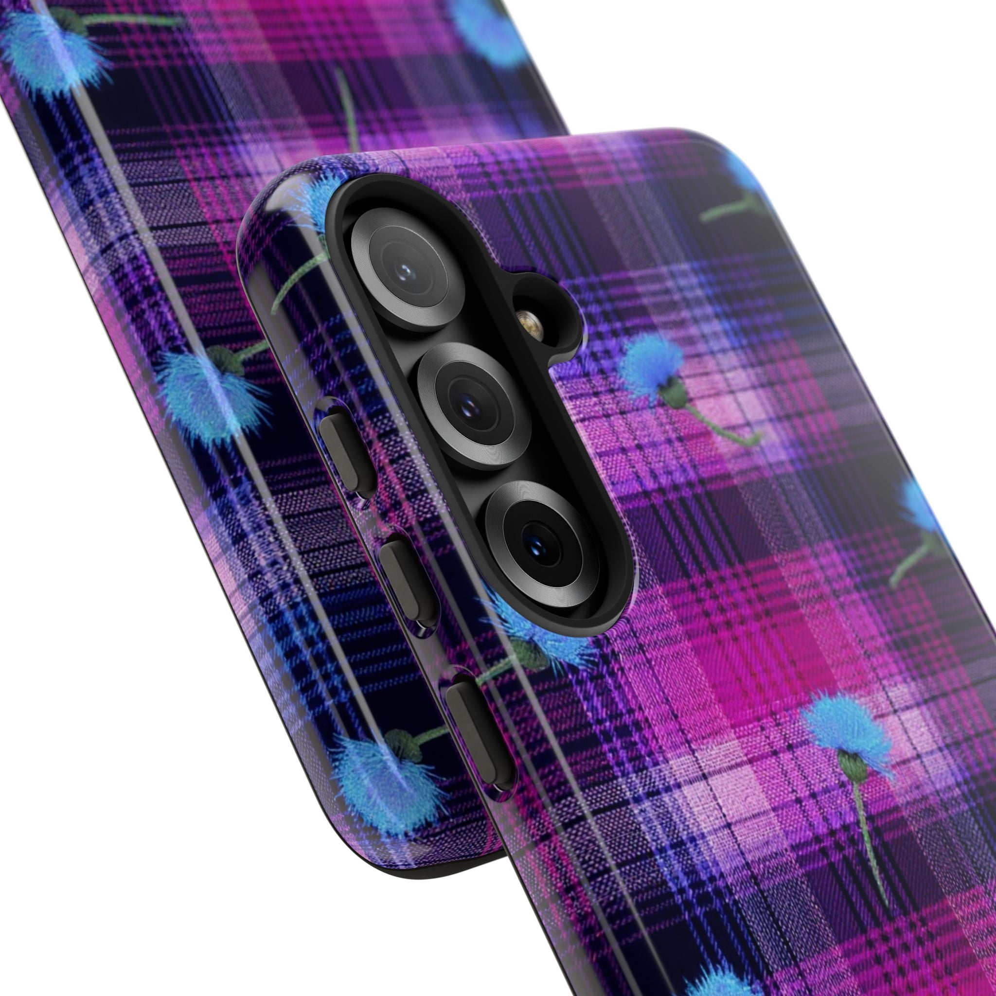 Purple Plaid Blue Thistle Tartan Phone Case — Floral Plaid Protective iPhone Cover