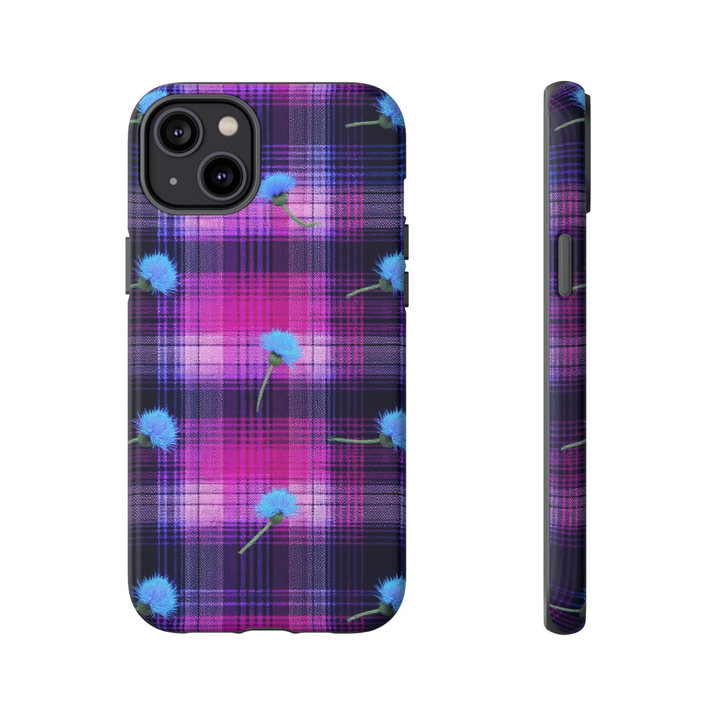 Purple Plaid Blue Thistle Tartan Phone Case — Floral Plaid Protective iPhone Cover