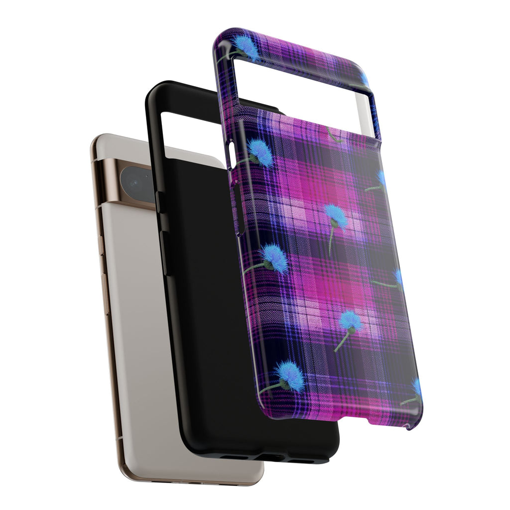 Purple Plaid Blue Thistle Tartan Phone Case — Floral Plaid Protective iPhone Cover