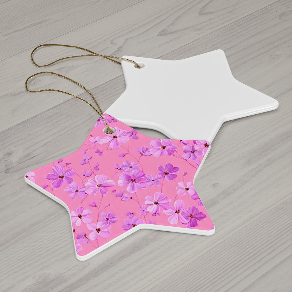 Star Ceramic Ornament — Pink Floral Blossom Holiday Decoration