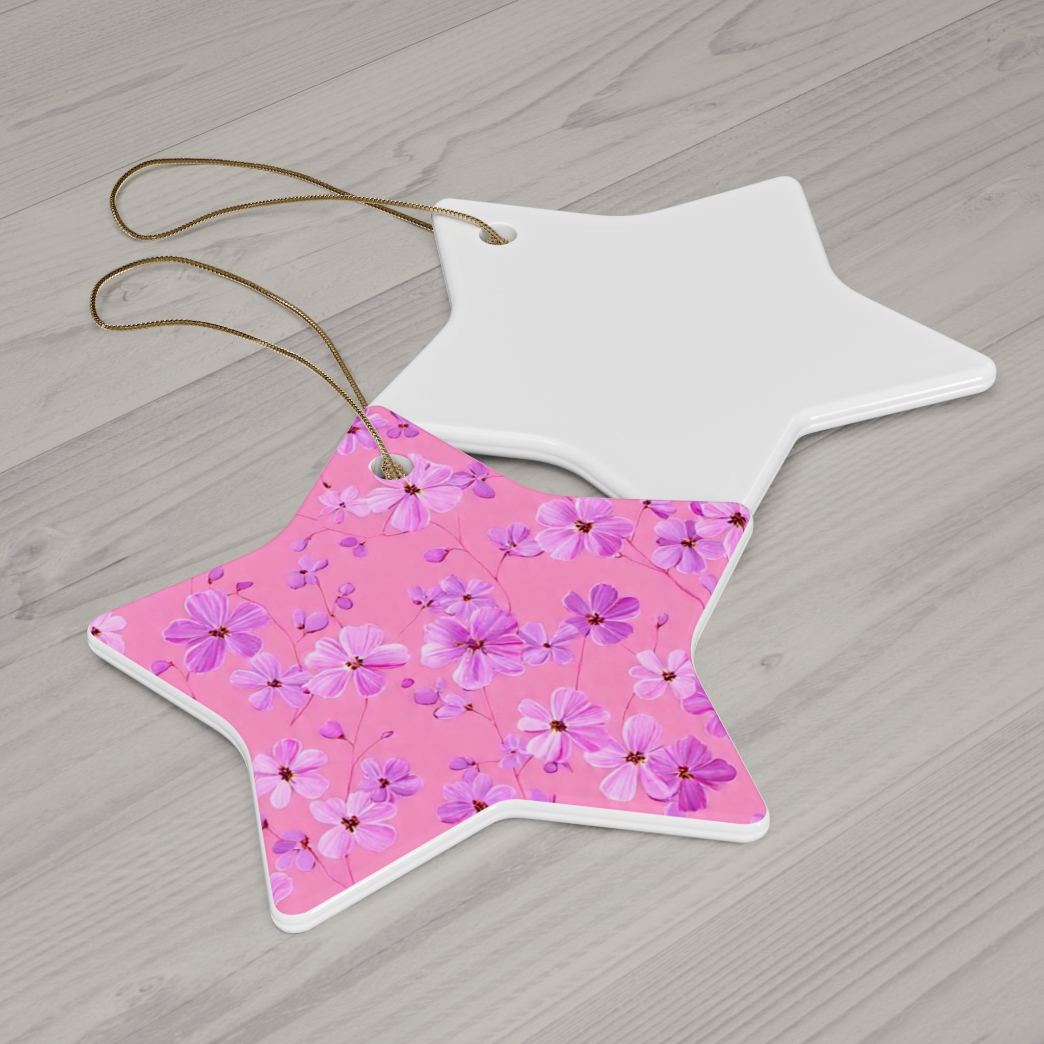 Star Ceramic Ornament — Pink Floral Blossom Holiday Decoration