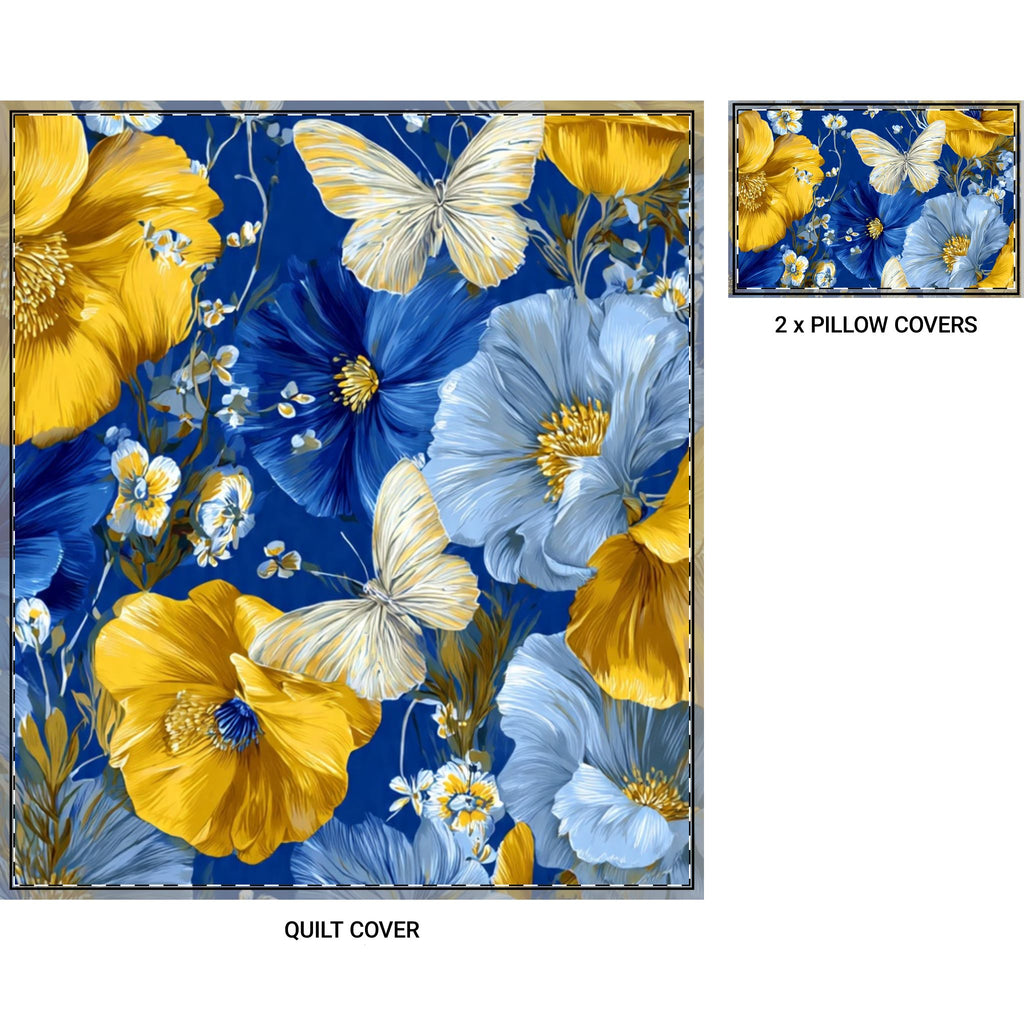 Floral Butterfly Quilt Cover Set – Blue & Yellow 3-Piece Bedding
