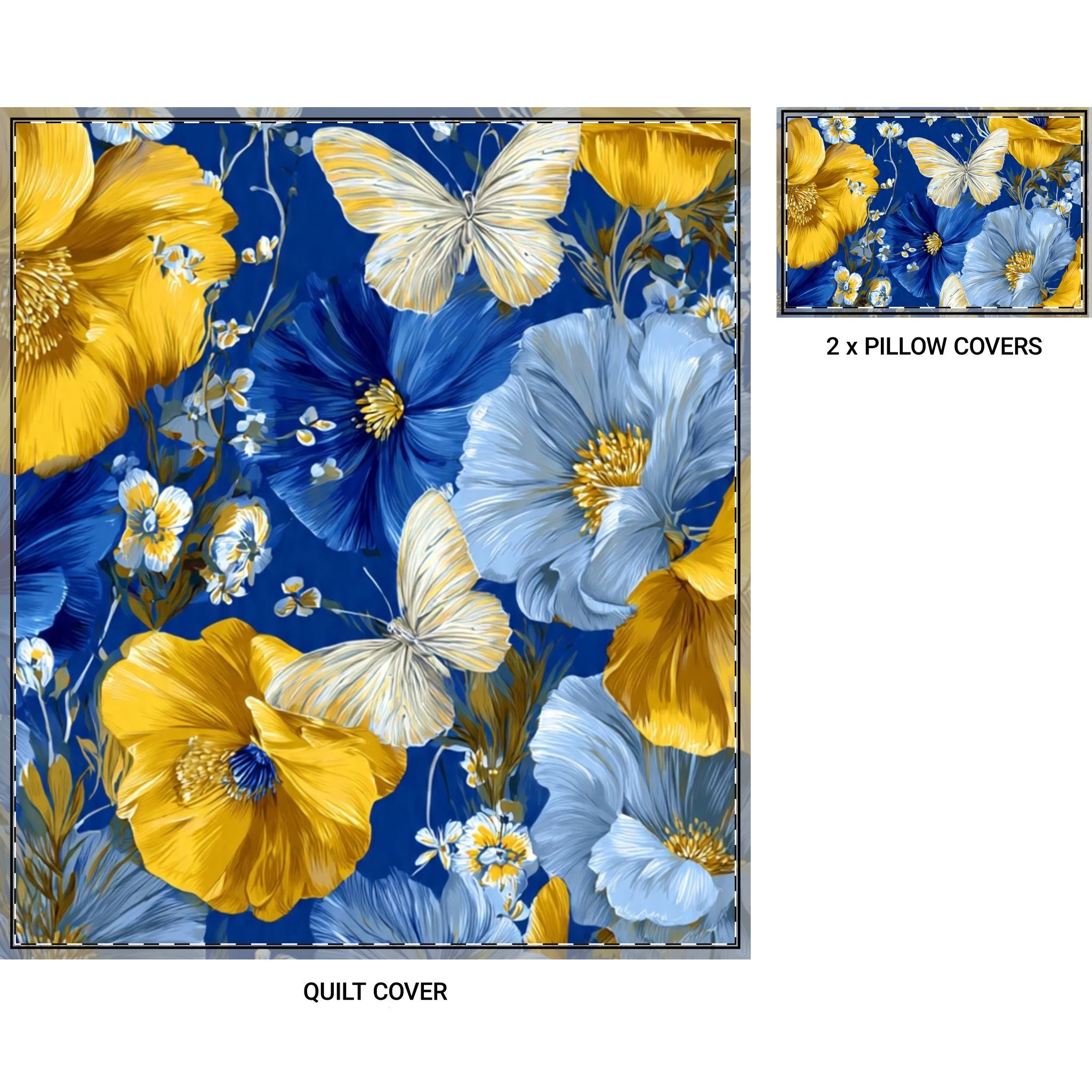 Floral Butterfly Quilt Cover Set – Blue & Yellow 3-Piece Bedding
