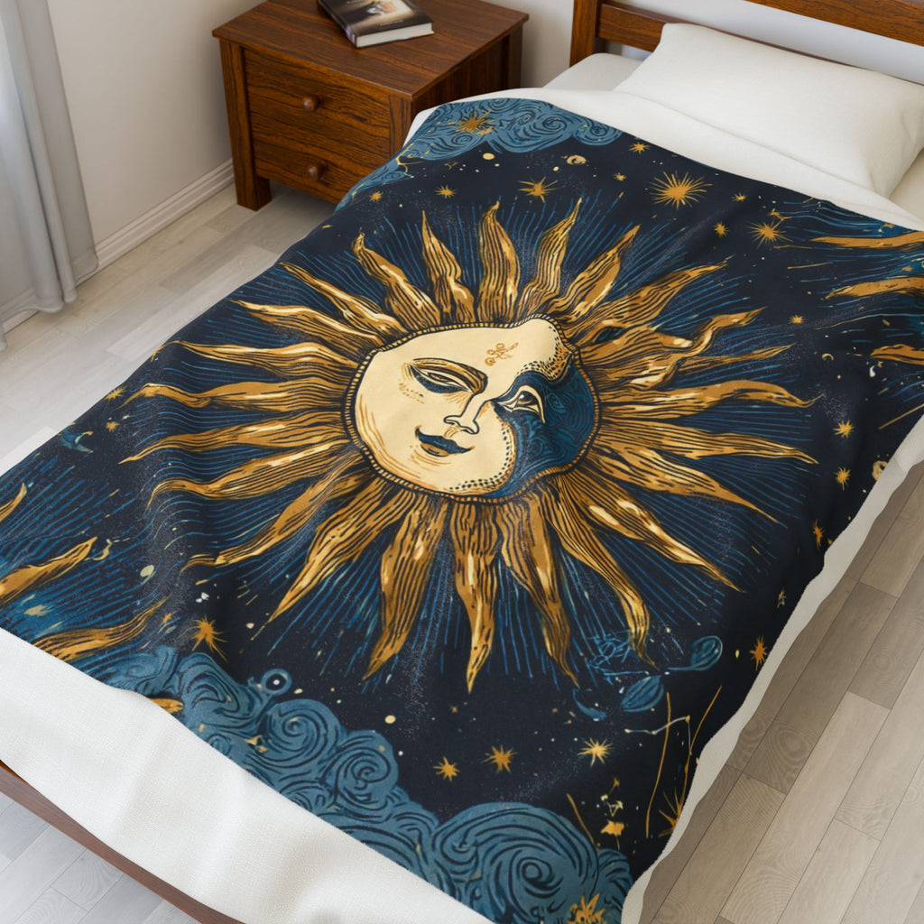 Celestial Sun & Moon Velveteen Plush Blanket — Starry Night Boho Throw