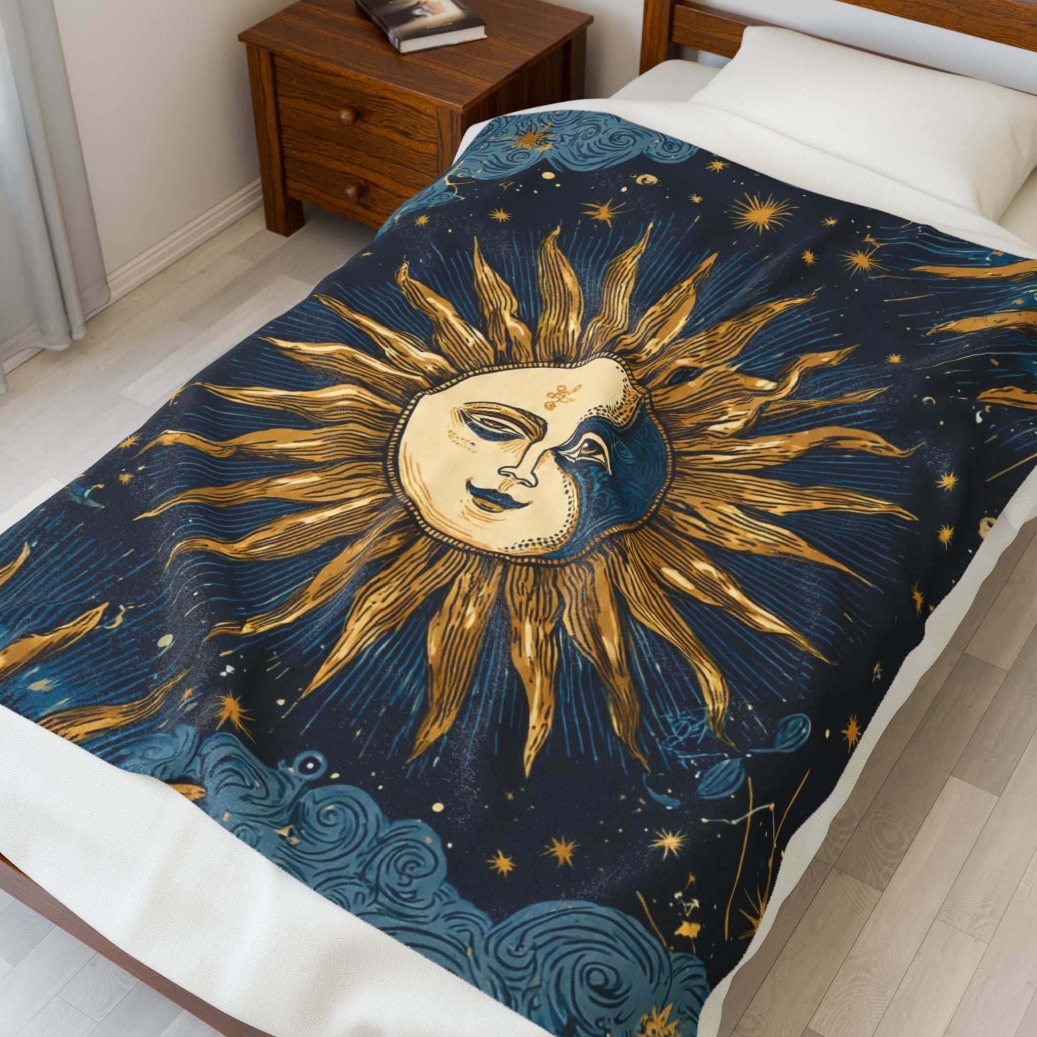 Celestial Sun & Moon Velveteen Plush Blanket — Starry Night Boho Throw