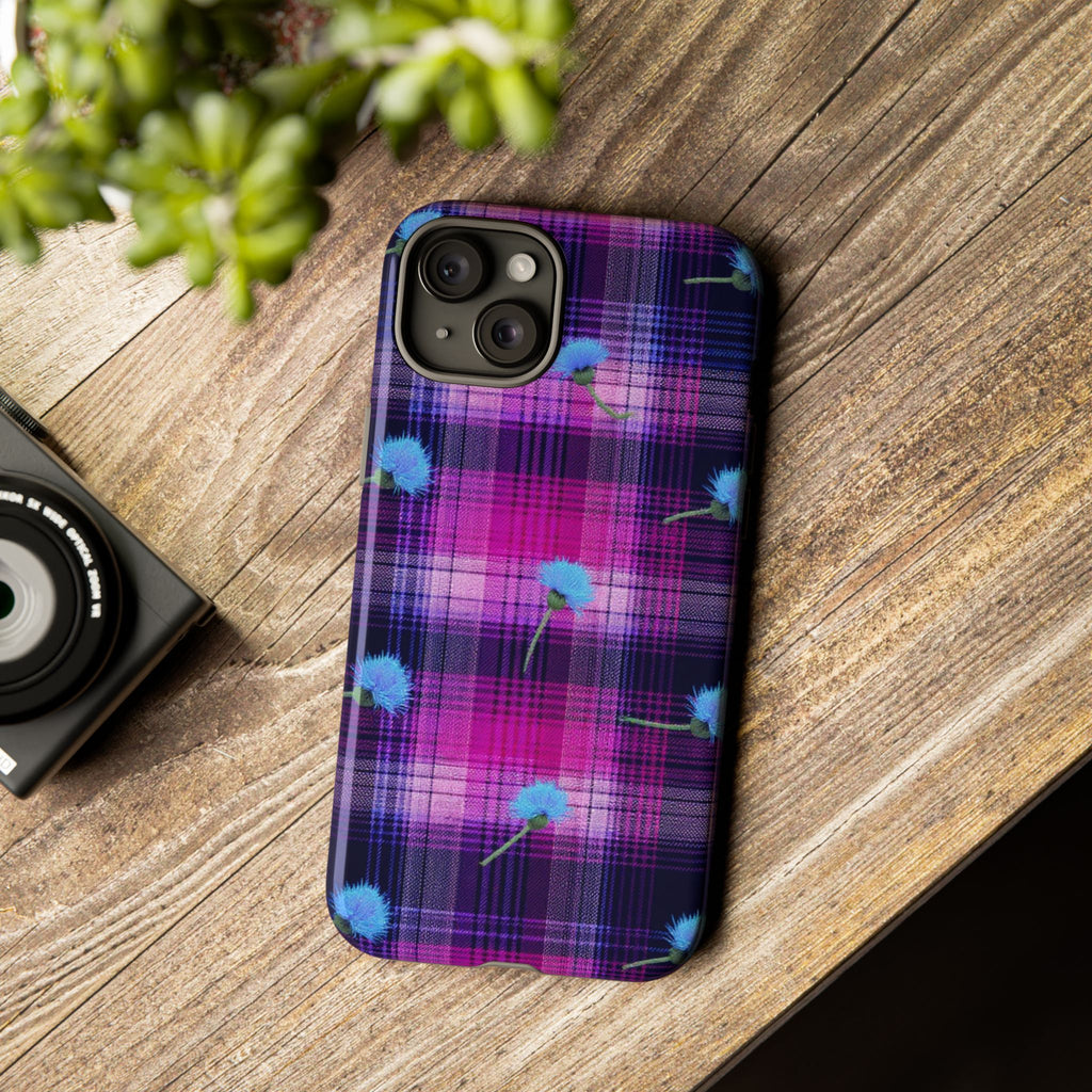 Purple Plaid Blue Thistle Tartan Phone Case — Floral Plaid Protective iPhone Cover