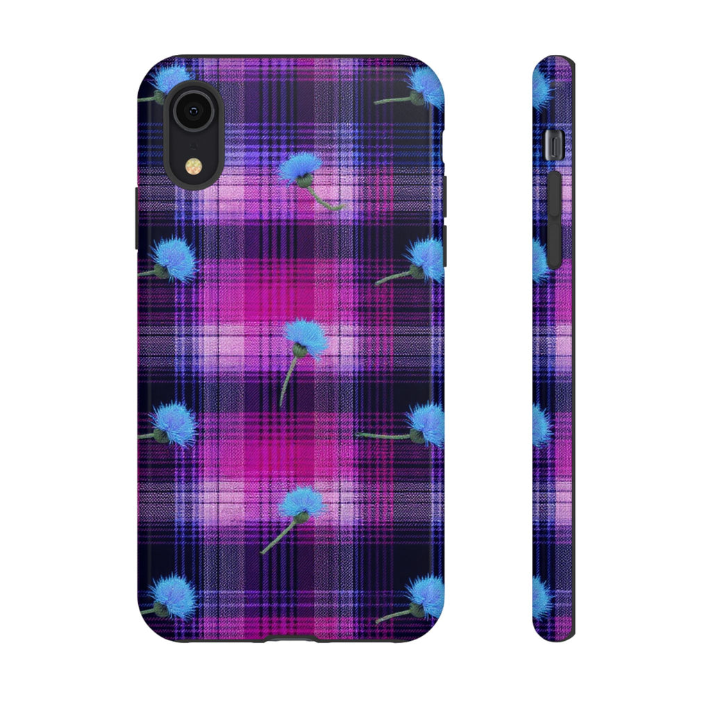 Purple Plaid Blue Thistle Tartan Phone Case — Floral Plaid Protective iPhone Cover