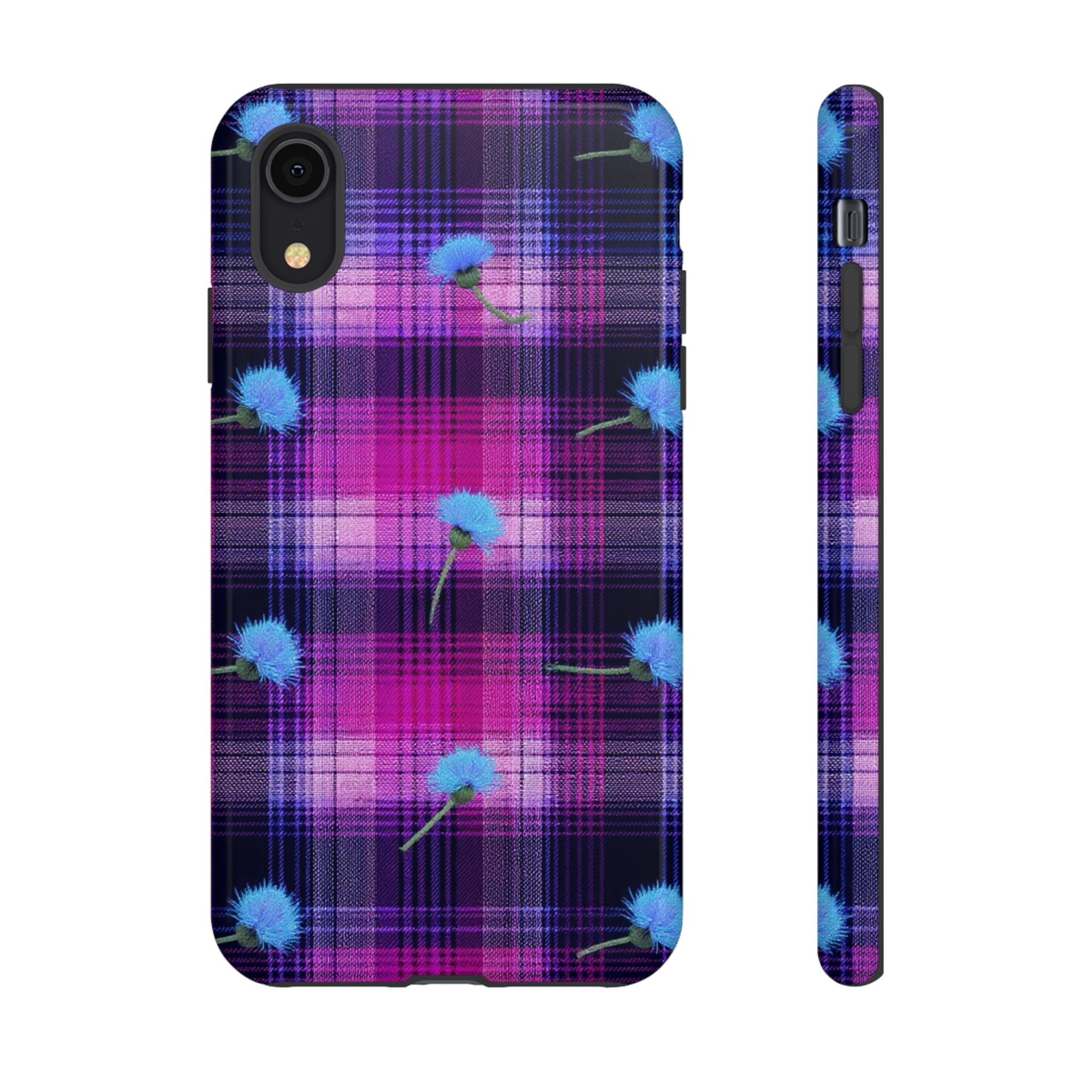 Purple Plaid Blue Thistle Tartan Phone Case — Floral Plaid Protective iPhone Cover