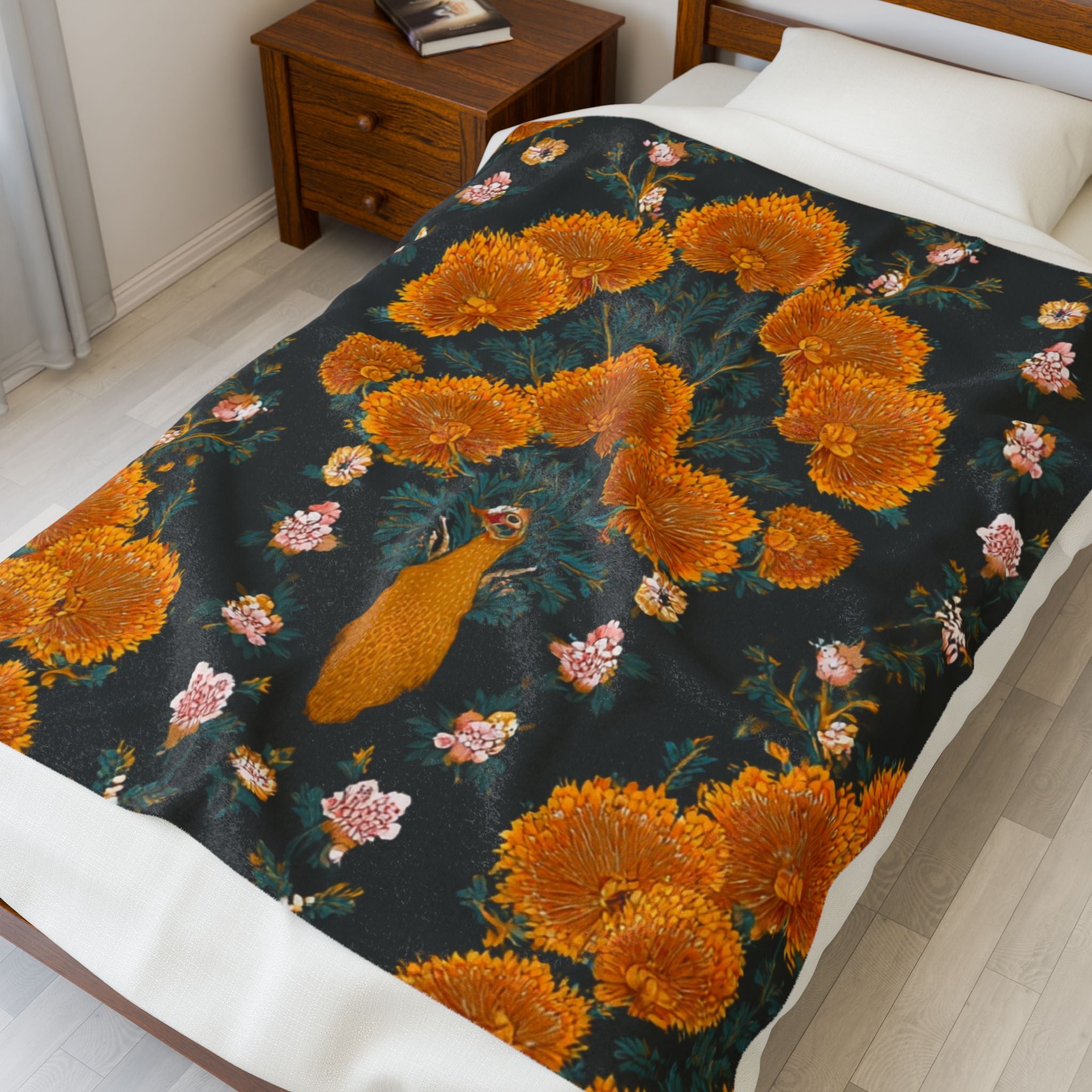 Velveteen Plush Blanket — Vintage Marigold Peacock Floral Throw