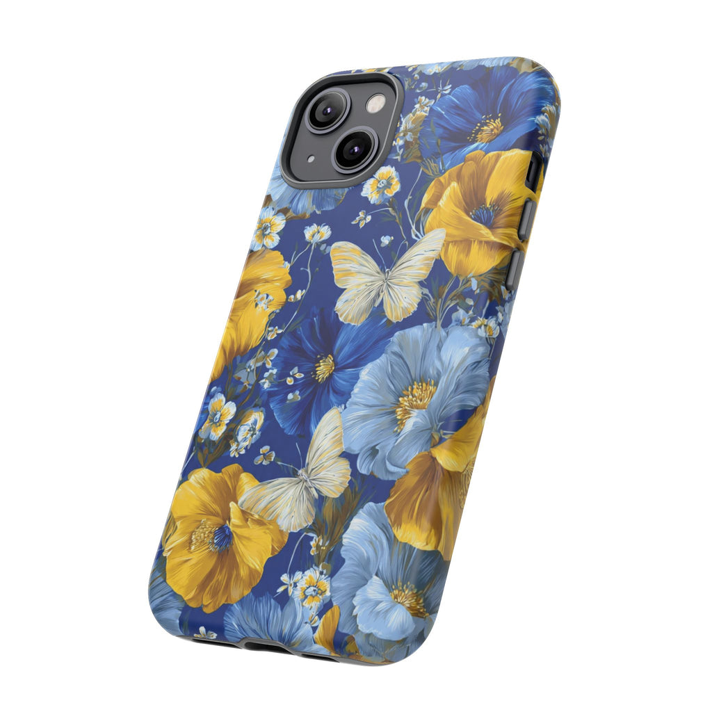 Floral Butterflies Phone Case — Blue & Yellow Tough Protective Cover