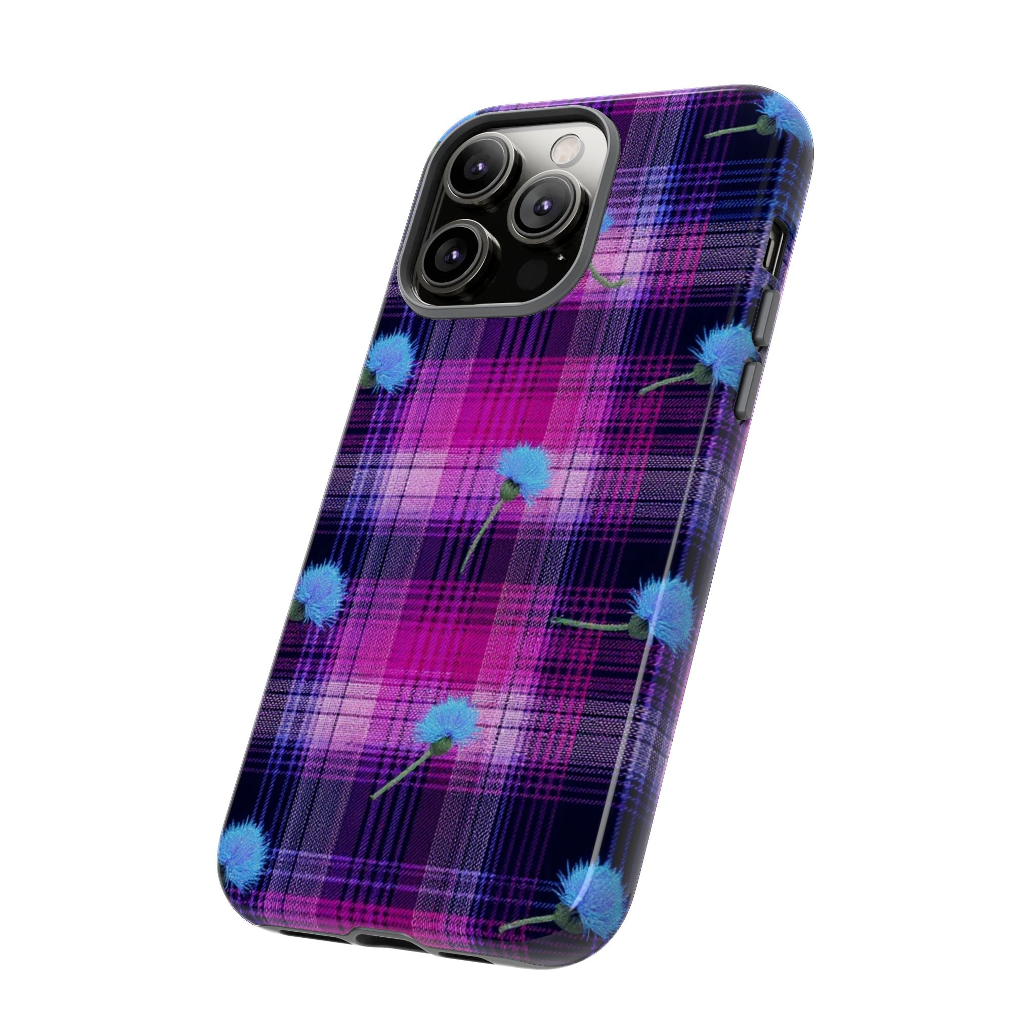 Purple Plaid Blue Thistle Tartan Phone Case — Floral Plaid Protective iPhone Cover