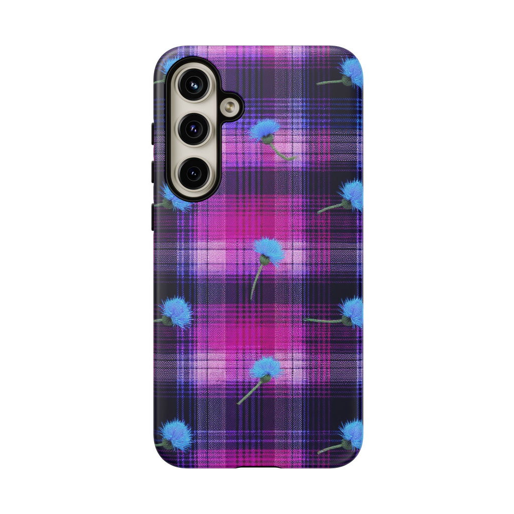 Purple Plaid Blue Thistle Tartan Phone Case — Floral Plaid Protective iPhone Cover