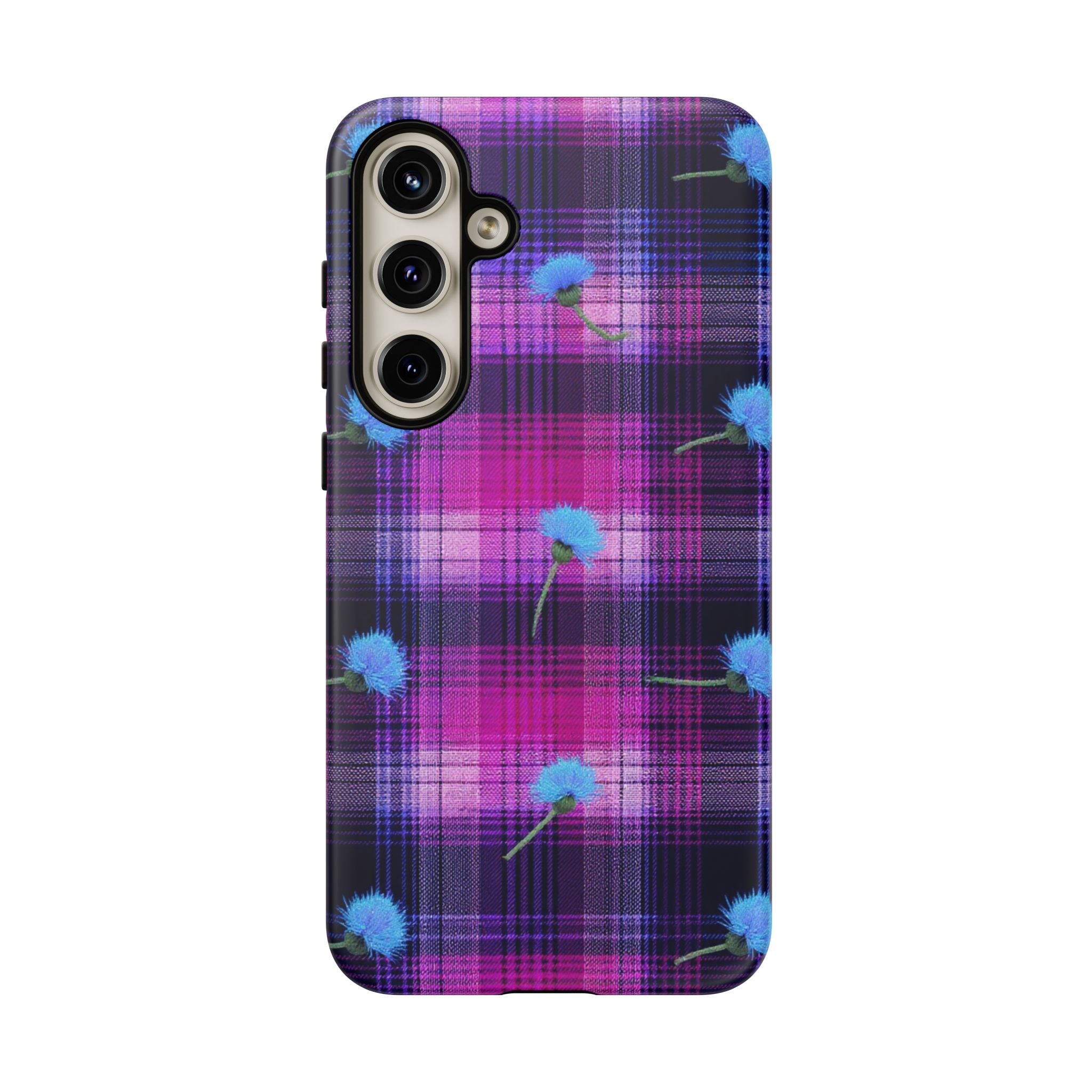 Purple Plaid Blue Thistle Tartan Phone Case — Floral Plaid Protective iPhone Cover