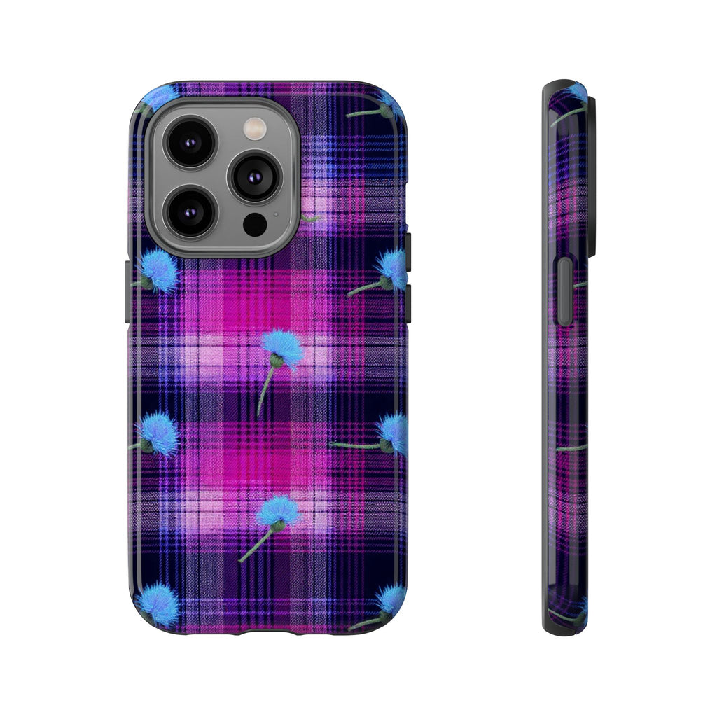 Purple Plaid Blue Thistle Tartan Phone Case — Floral Plaid Protective iPhone Cover