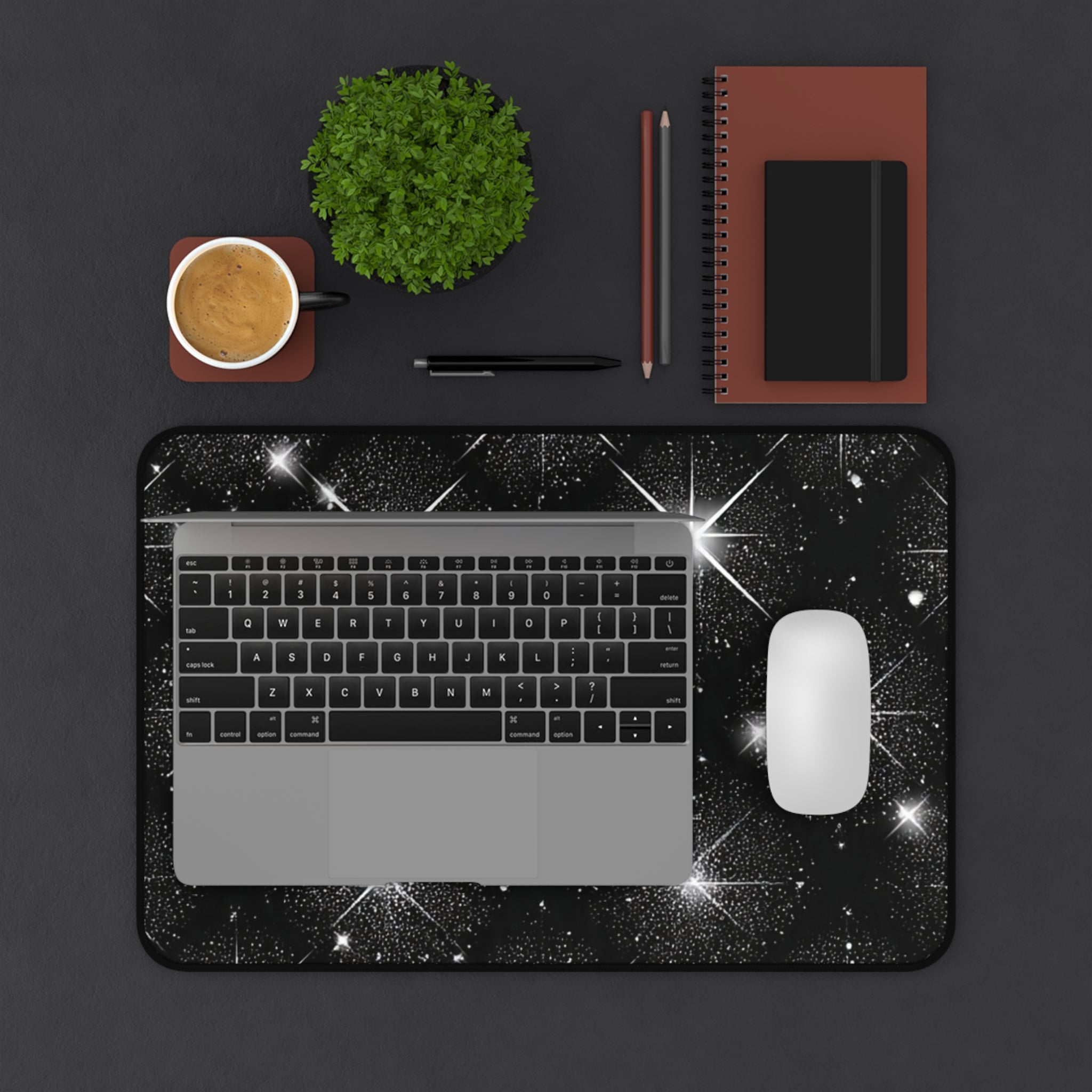 Galactic Sparkle Desk Mat — Black Starfield Mouse Pad
