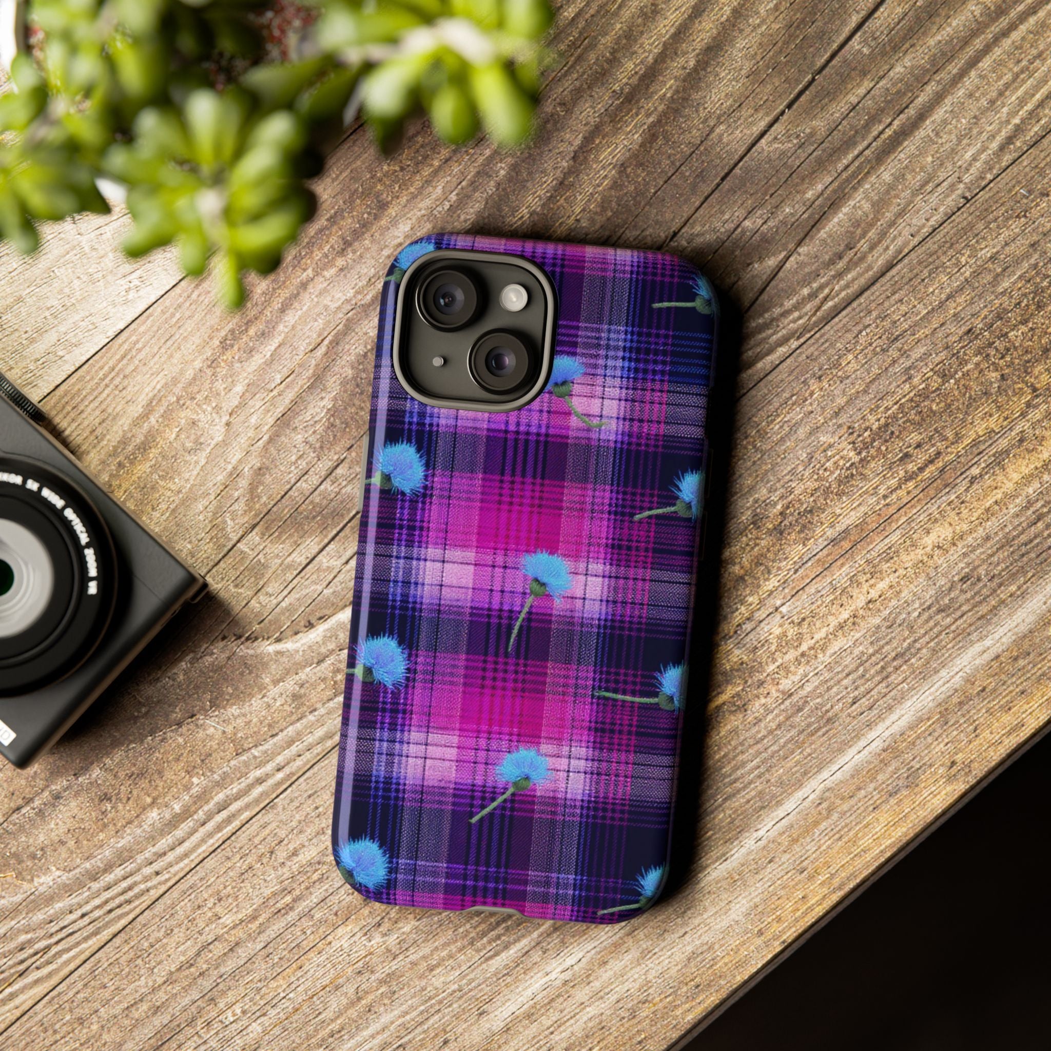 Purple Plaid Blue Thistle Tartan Phone Case — Floral Plaid Protective iPhone Cover