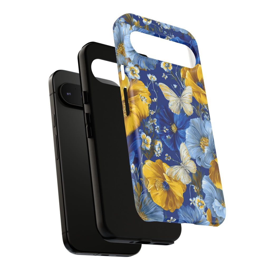 Floral Butterflies Phone Case — Blue & Yellow Tough Protective Cover