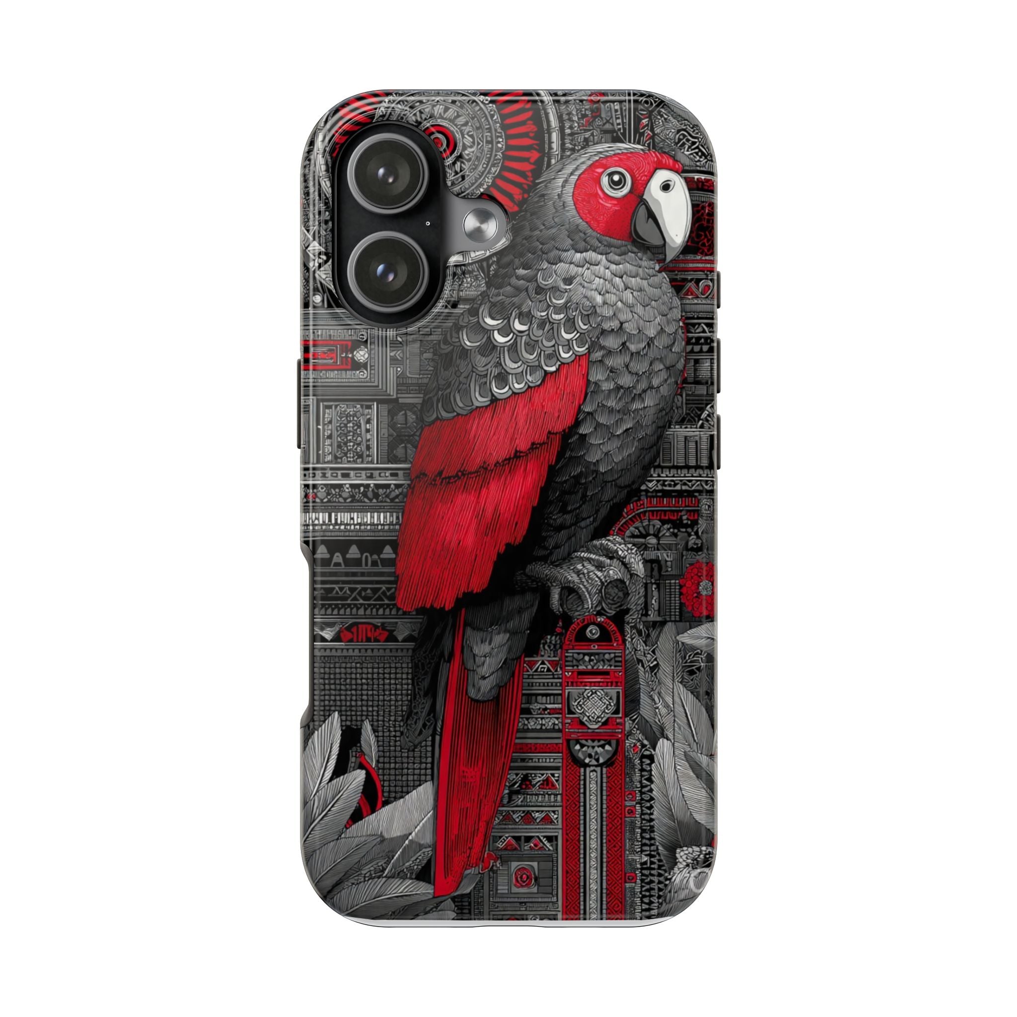 Protective Phone Case — Red & Gray Parrot Art Graphic