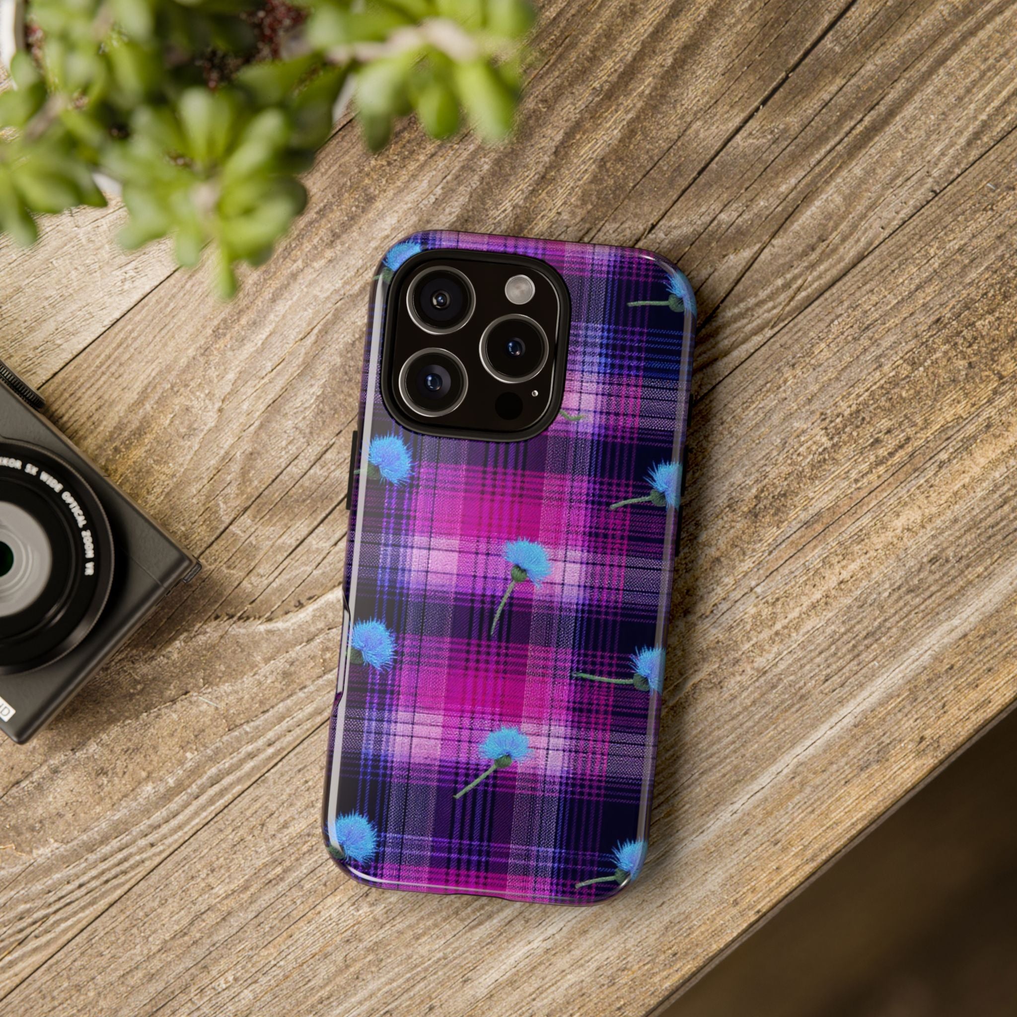 Purple Plaid Blue Thistle Tartan Phone Case — Floral Plaid Protective iPhone Cover