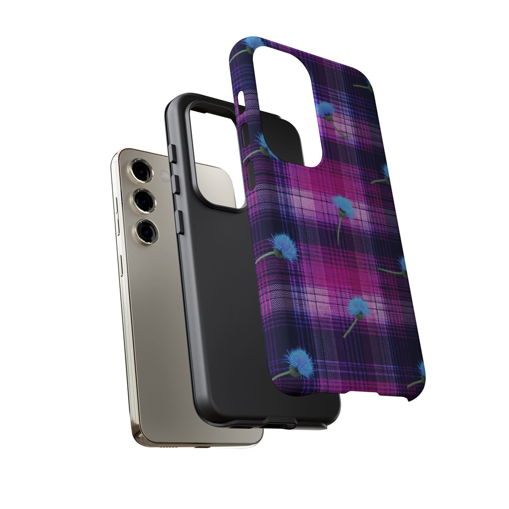 Purple Plaid Blue Thistle Tartan Phone Case — Floral Plaid Protective iPhone Cover