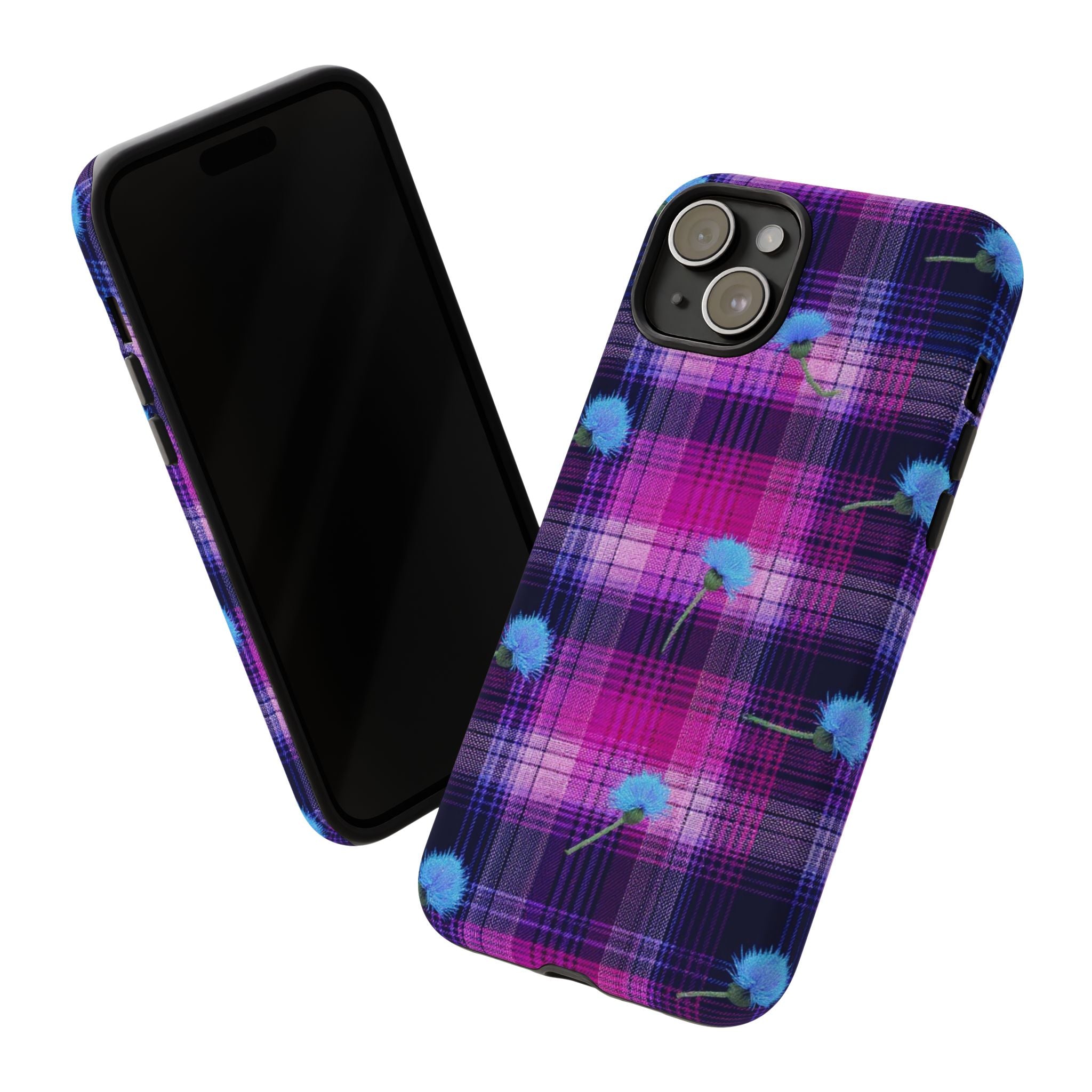 Purple Plaid Blue Thistle Tartan Phone Case — Floral Plaid Protective iPhone Cover