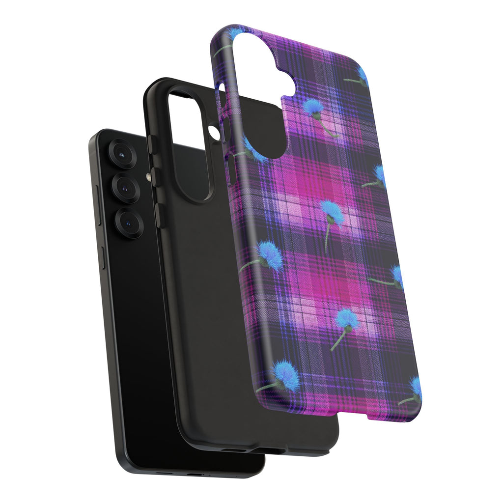 Purple Plaid Blue Thistle Tartan Phone Case — Floral Plaid Protective iPhone Cover