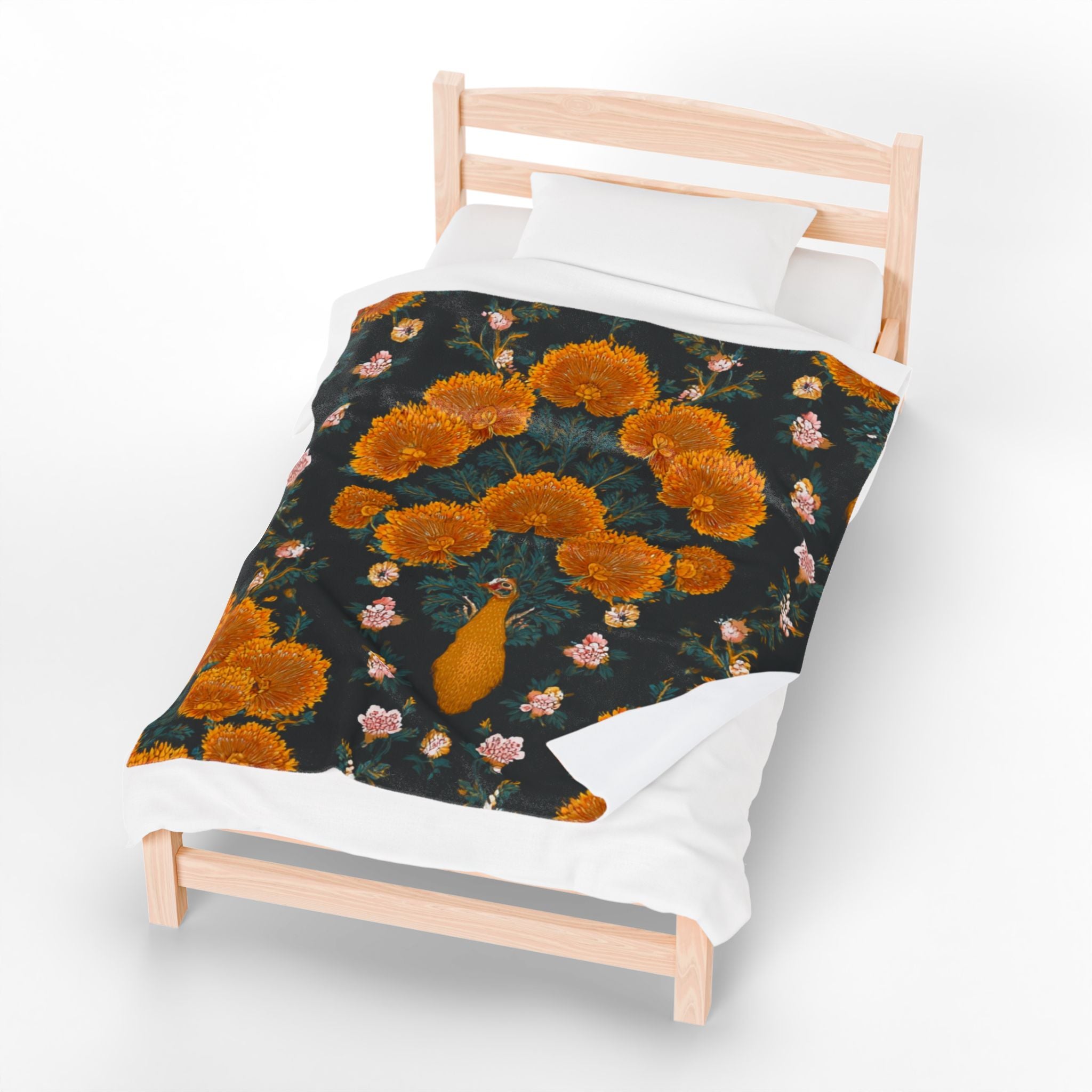 Velveteen Plush Blanket — Vintage Marigold Peacock Floral Throw