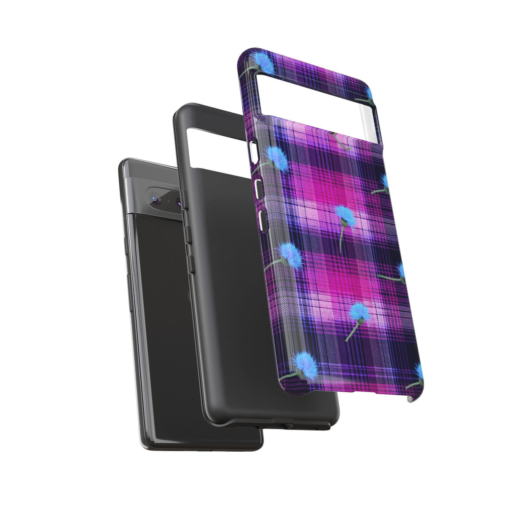 Purple Plaid Blue Thistle Tartan Phone Case — Floral Plaid Protective iPhone Cover