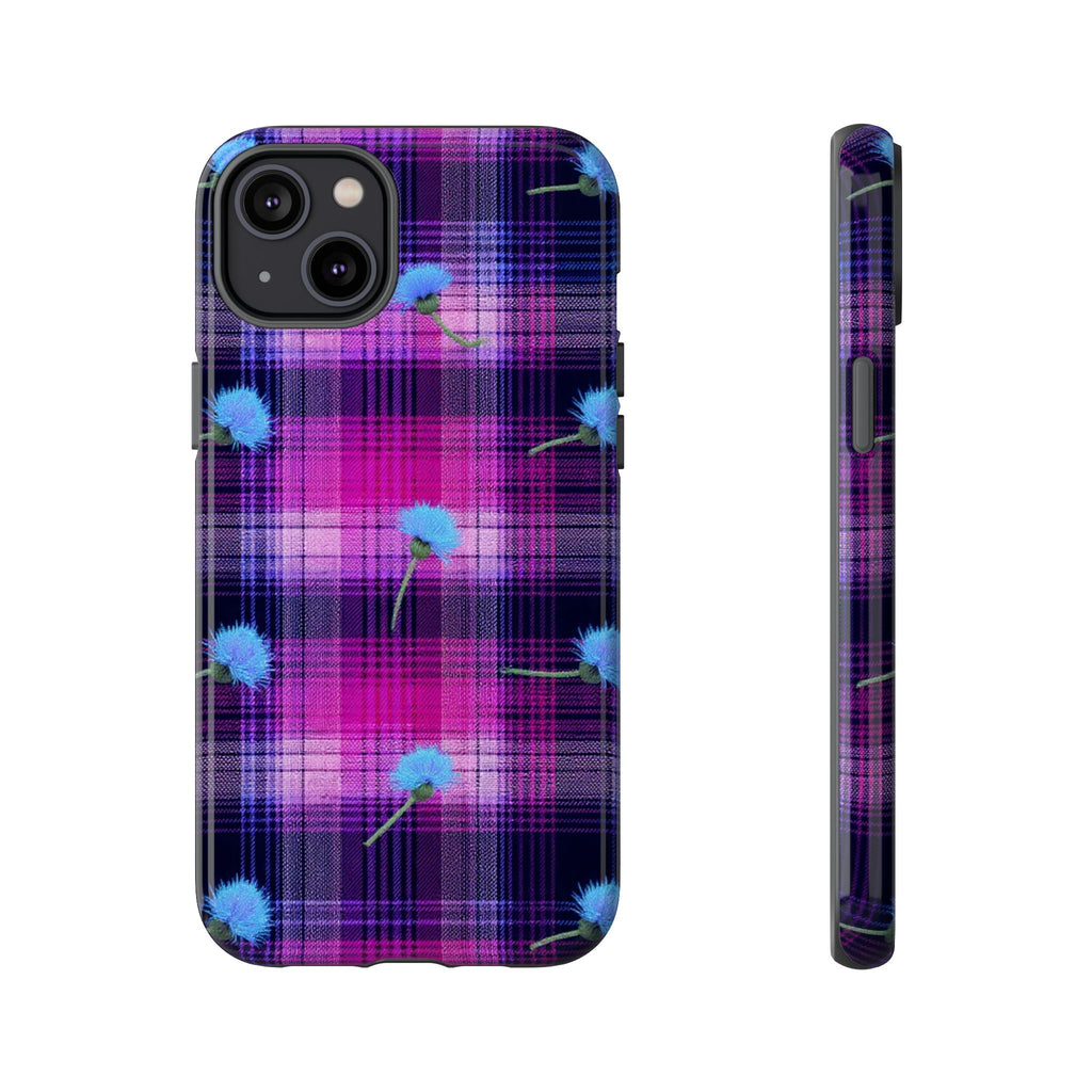 Purple Plaid Blue Thistle Tartan Phone Case — Floral Plaid Protective iPhone Cover