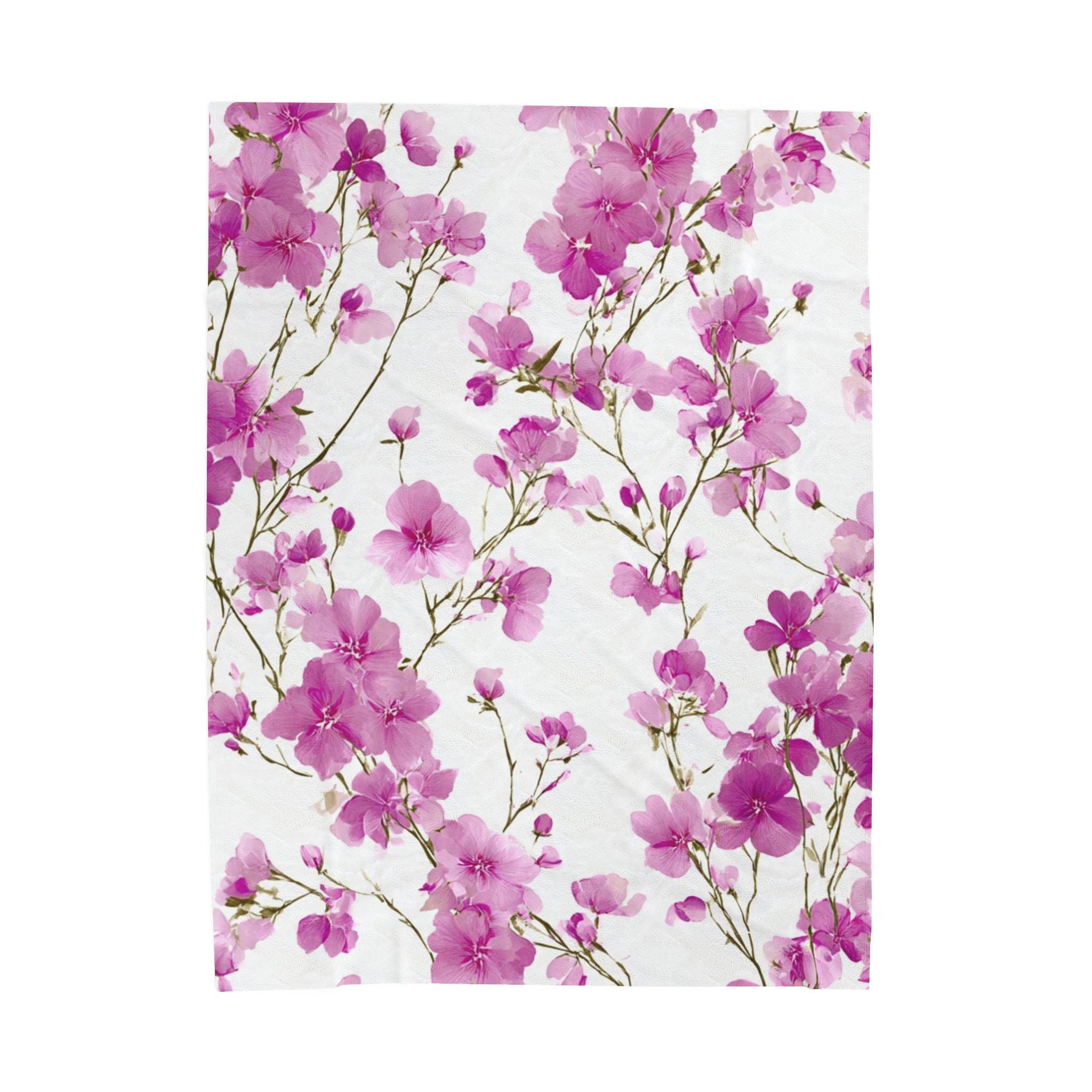 Velveteen Plush Blanket — Pink Cherry Blossom Floral Throw, Soft Cozy Bed & Couch Accent
