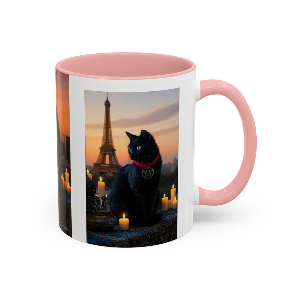 Black Cat Altar Coffee Mug — Gothic Cat with Pentagram, Candlelit Sunset Scene (11/15oz)