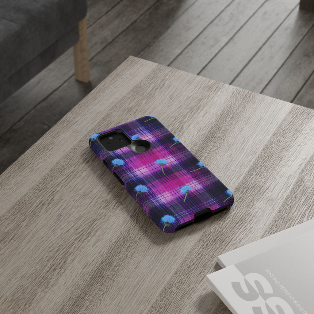 Purple Plaid Blue Thistle Tartan Phone Case — Floral Plaid Protective iPhone Cover