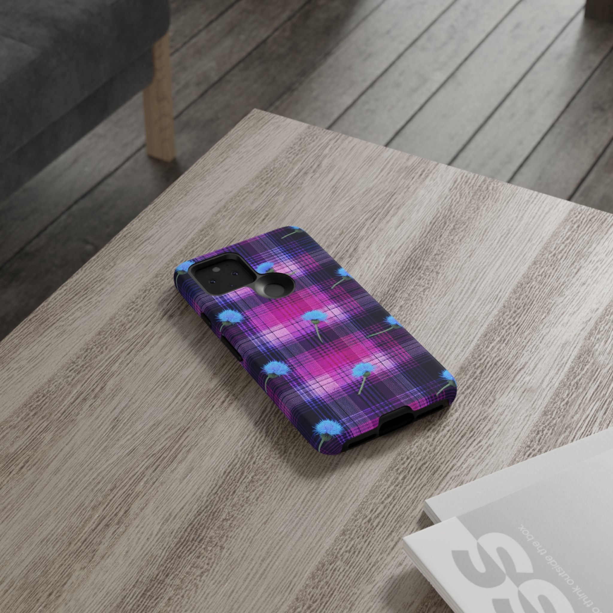Purple Plaid Blue Thistle Tartan Phone Case — Floral Plaid Protective iPhone Cover