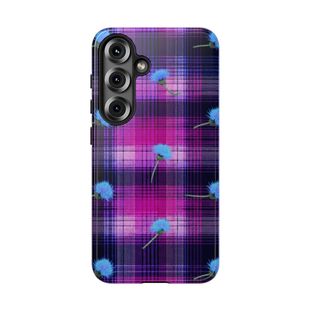 Purple Plaid Blue Thistle Tartan Phone Case — Floral Plaid Protective iPhone Cover