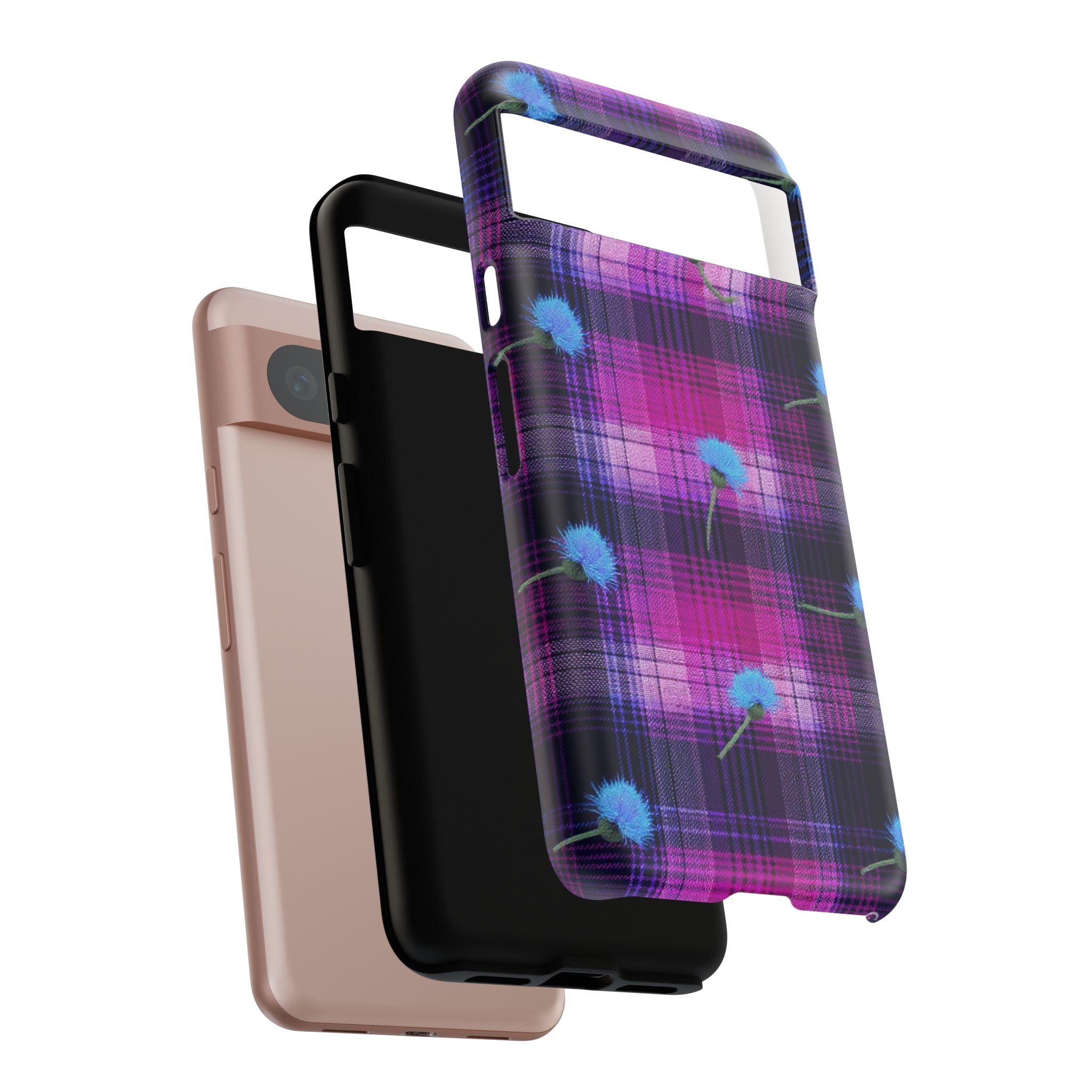 Purple Plaid Blue Thistle Tartan Phone Case — Floral Plaid Protective iPhone Cover