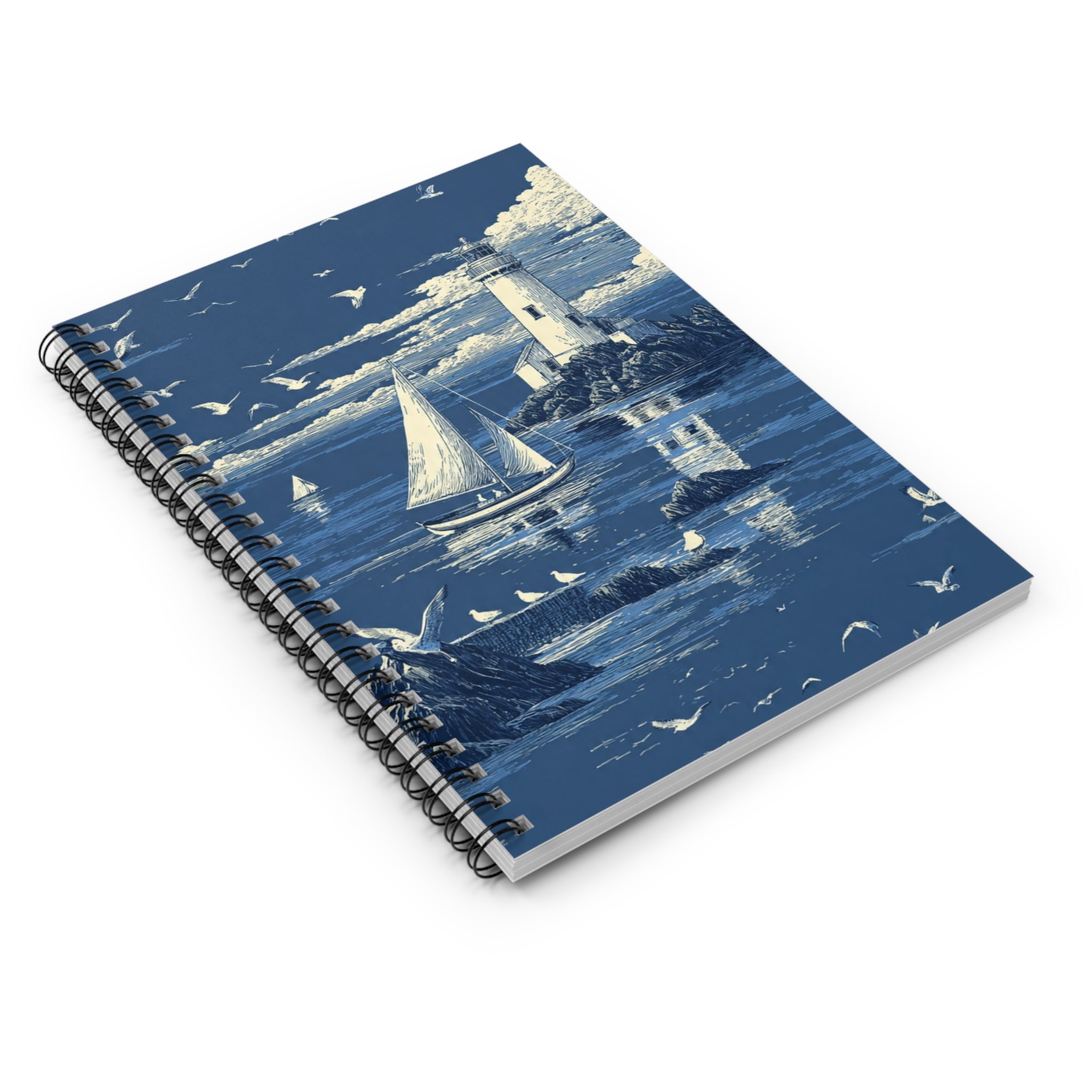 Nautical Lighthouse Spiral Notebook — Sailboat Seagull Ruled Journal