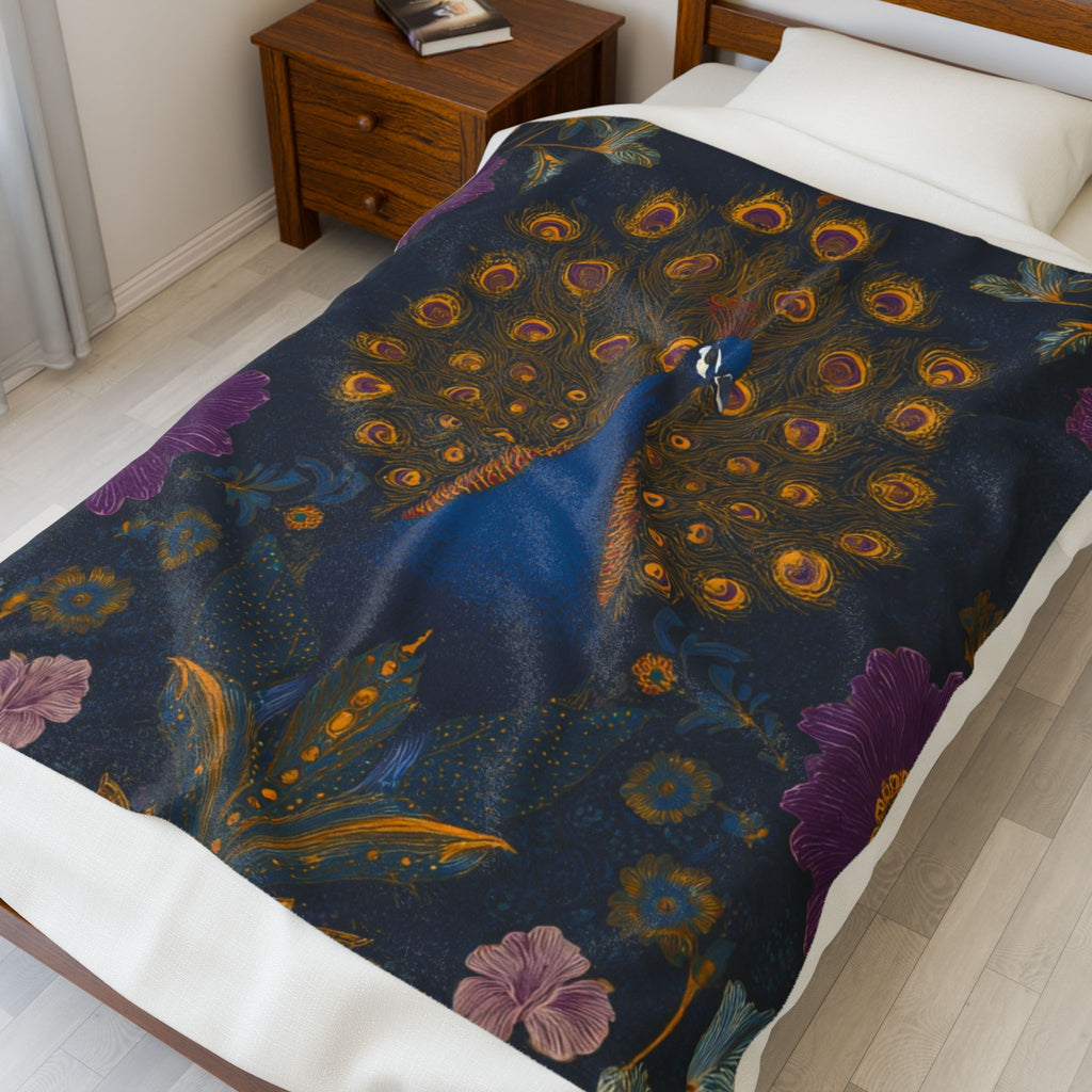 Velveteen Plush Blanket — Regal Peacock Floral Throw for Cozy Home Decor