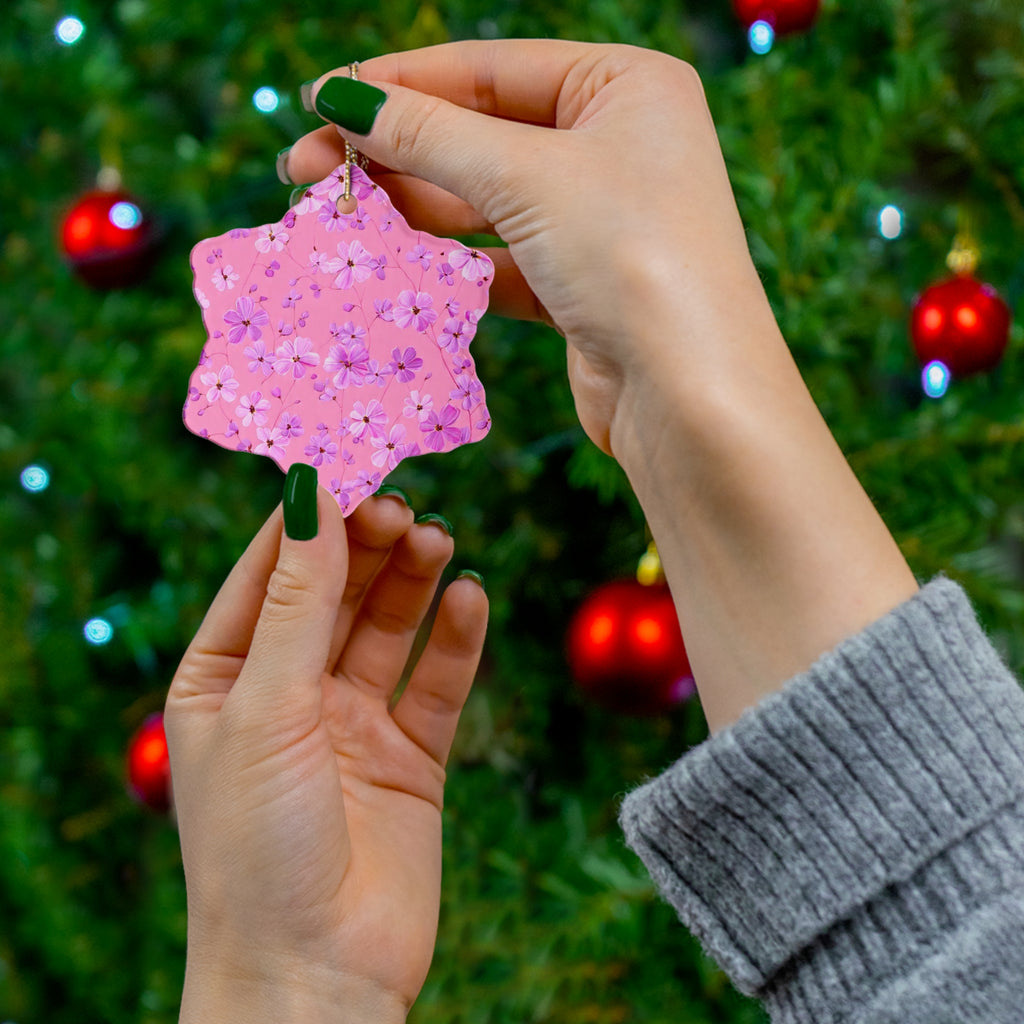 Star Ceramic Ornament — Pink Floral Blossom Holiday Decoration