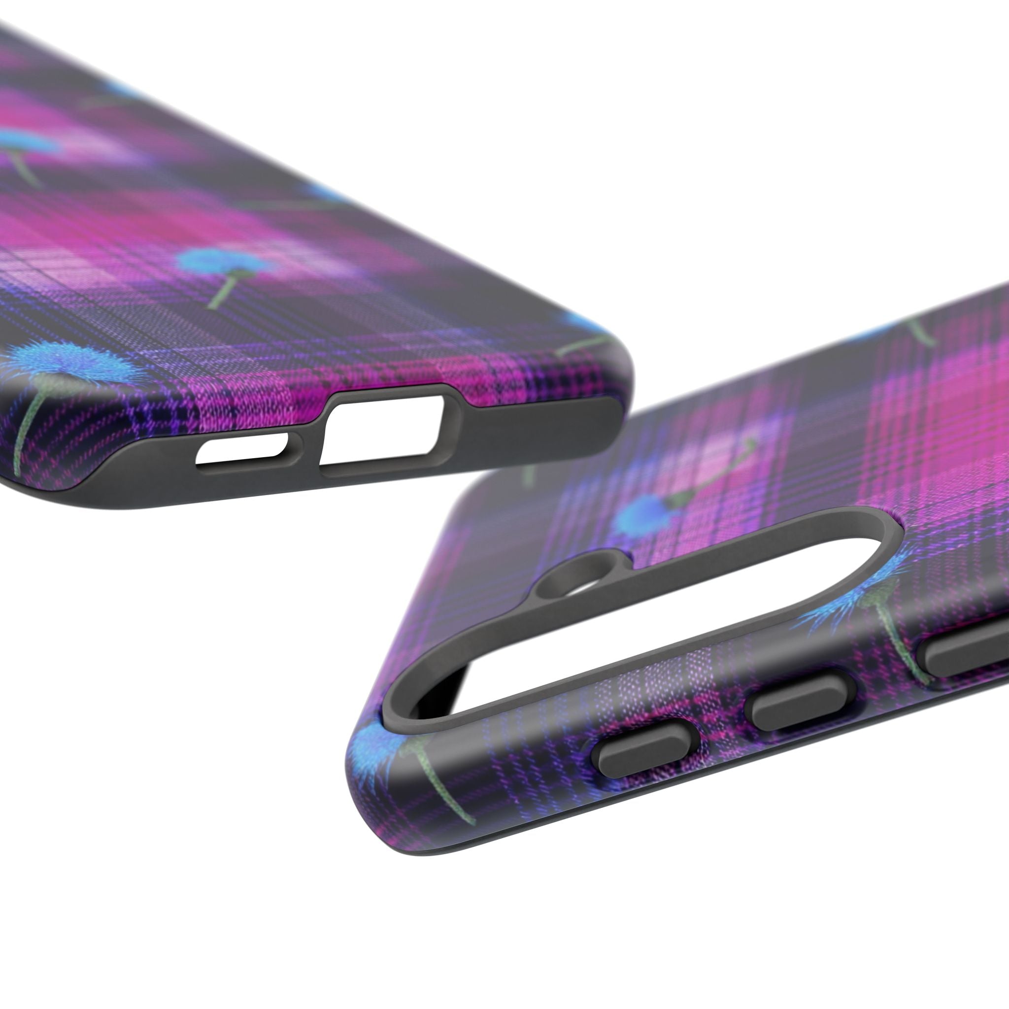 Purple Plaid Blue Thistle Tartan Phone Case — Floral Plaid Protective iPhone Cover