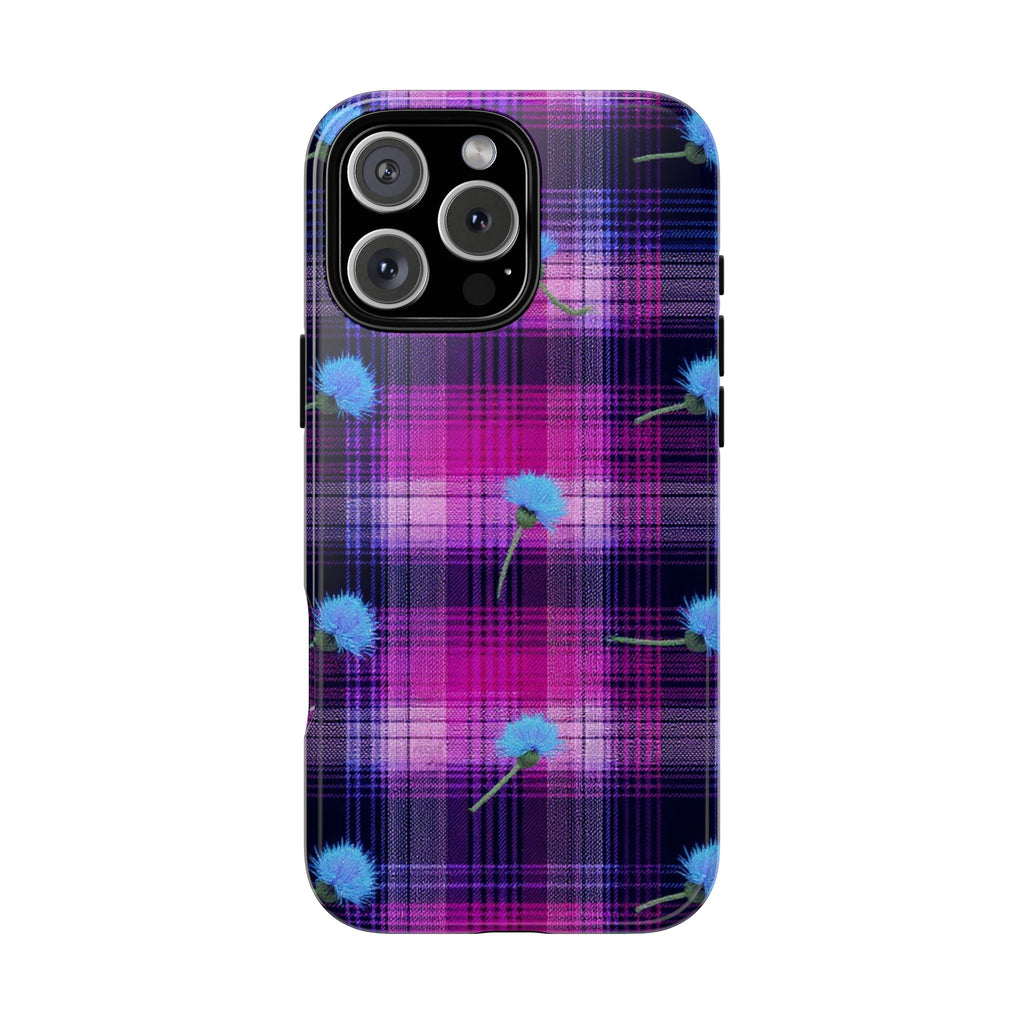 Purple Plaid Blue Thistle Tartan Phone Case — Floral Plaid Protective iPhone Cover