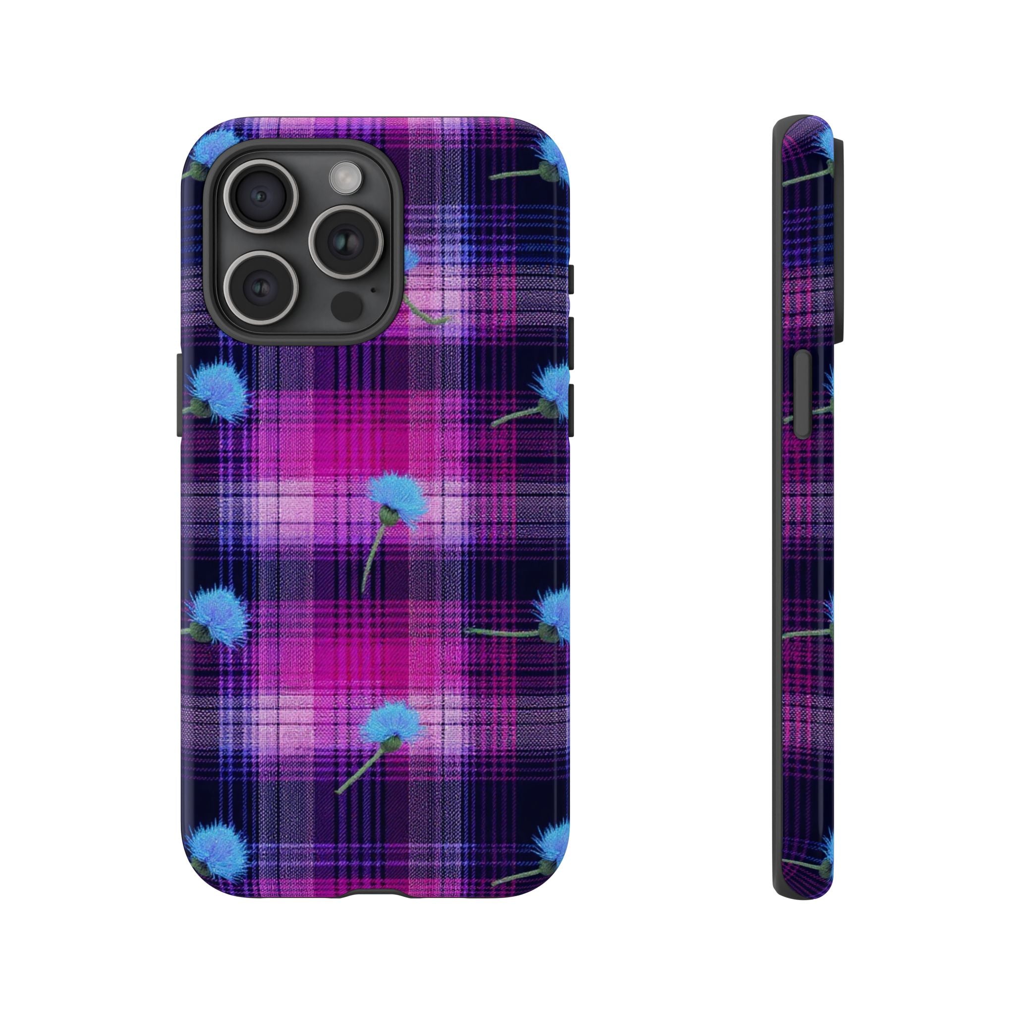 Purple Plaid Blue Thistle Tartan Phone Case — Floral Plaid Protective iPhone Cover