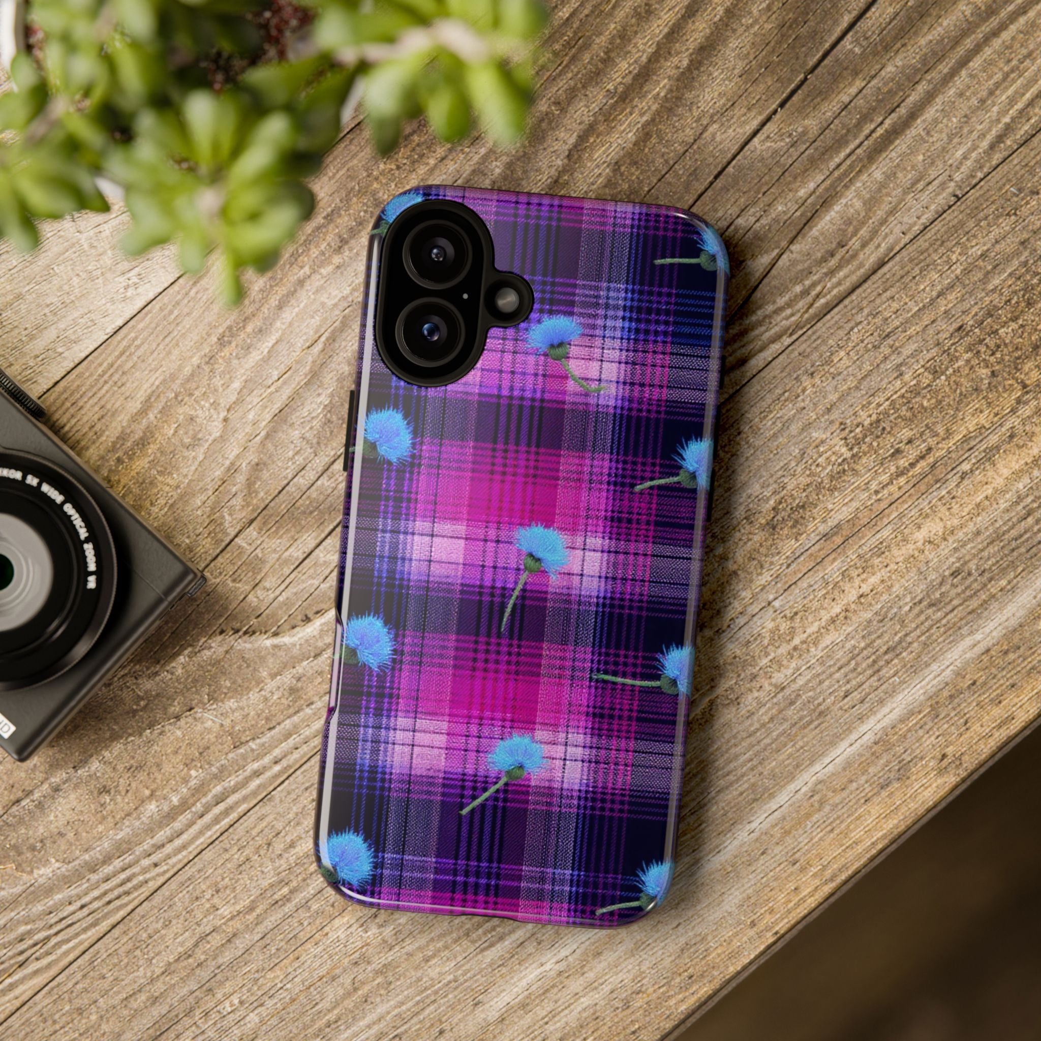 Purple Plaid Blue Thistle Tartan Phone Case — Floral Plaid Protective iPhone Cover