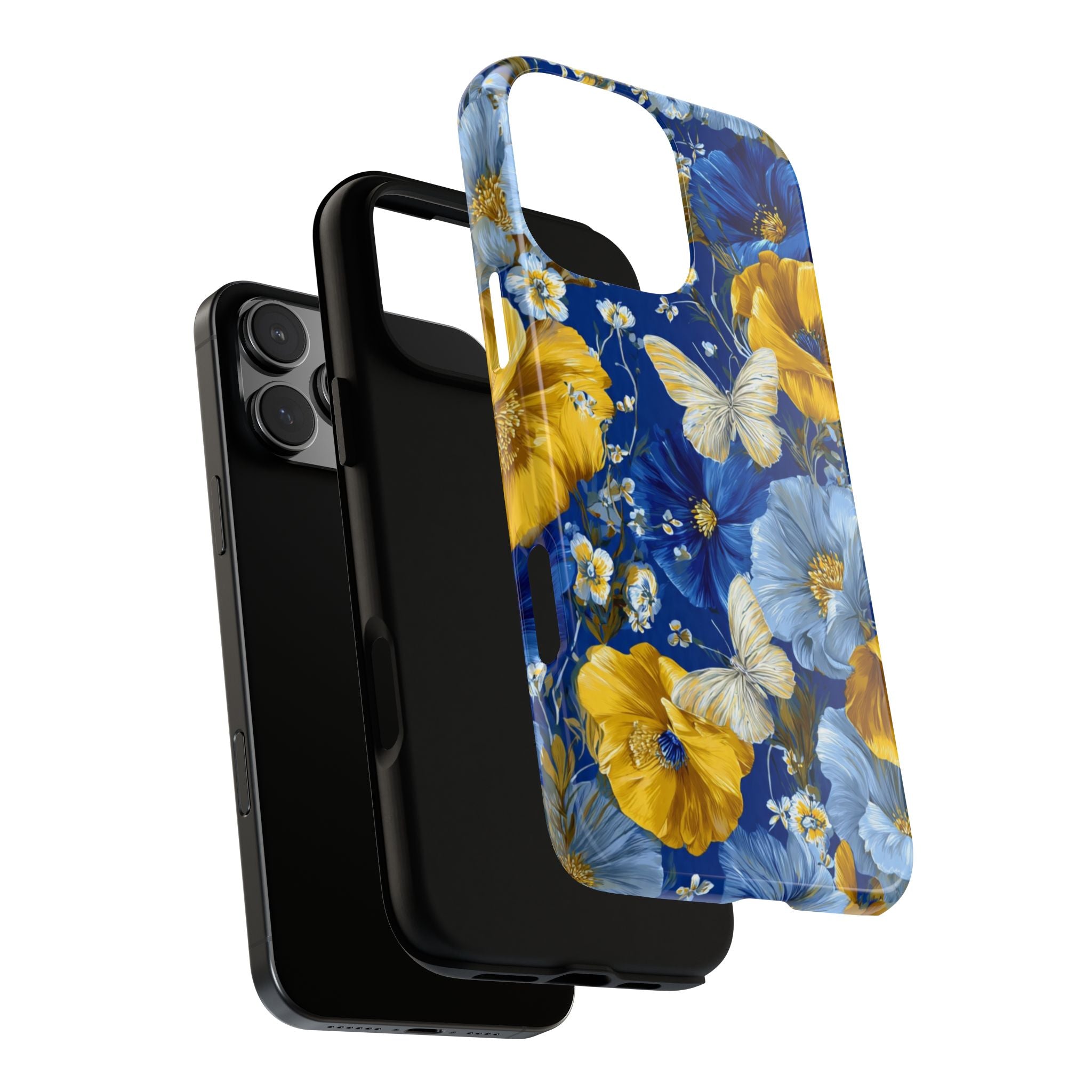 Floral Butterflies Phone Case — Blue & Yellow Tough Protective Cover