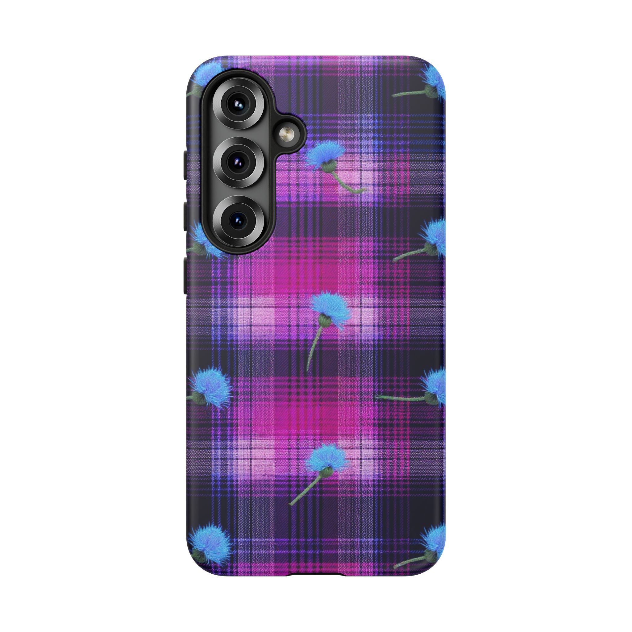 Purple Plaid Blue Thistle Tartan Phone Case — Floral Plaid Protective iPhone Cover