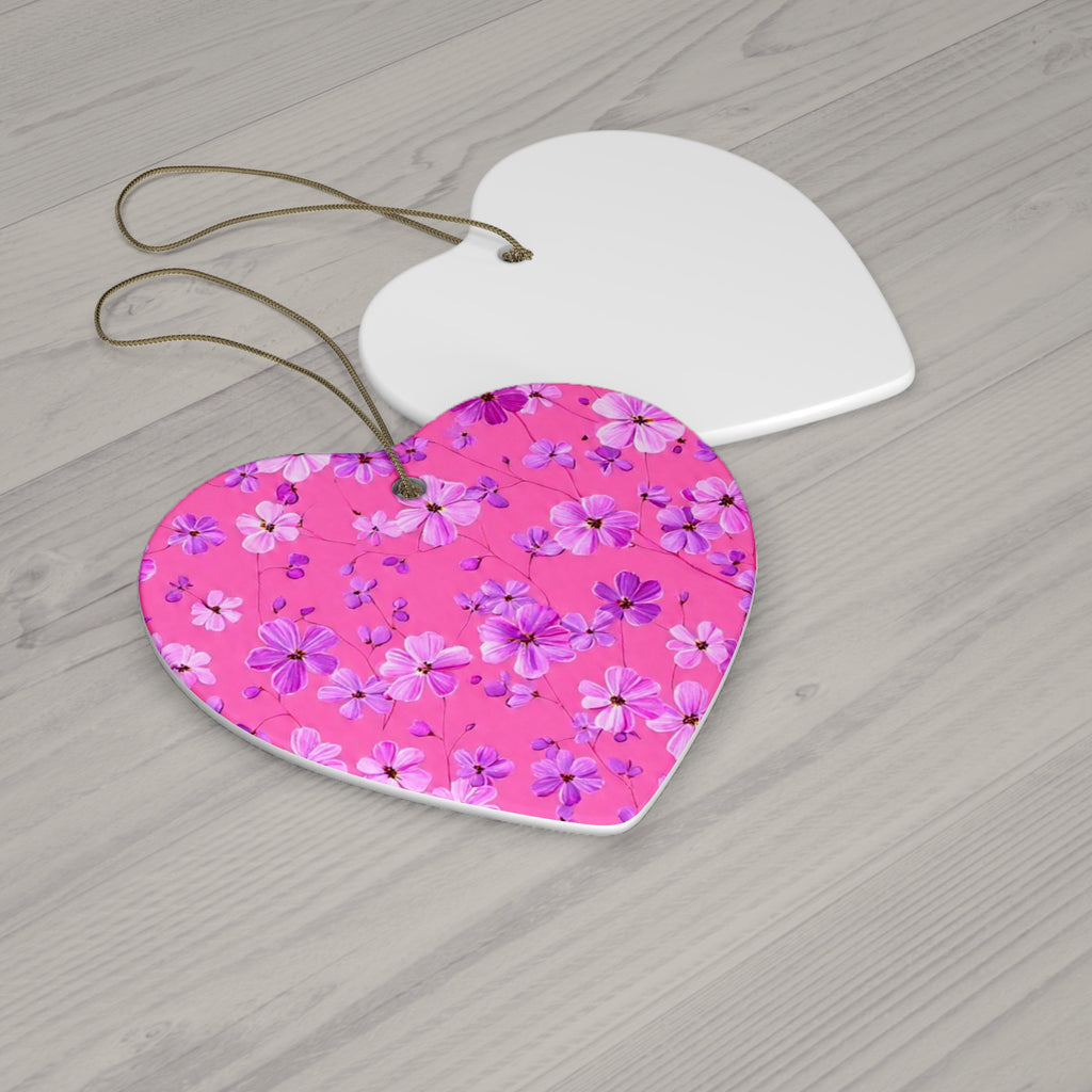 Floral Pink Star Ceramic Ornament — Flower Pattern Holiday Decoration