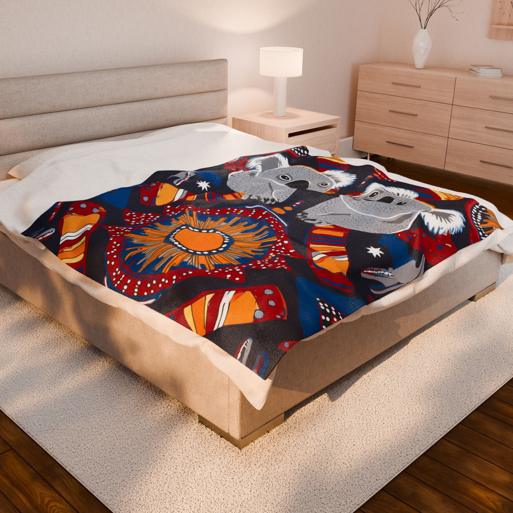 Koala & Sun Velveteen Plush Blanket — Australian Aboriginal Inspired Cozy Throw
